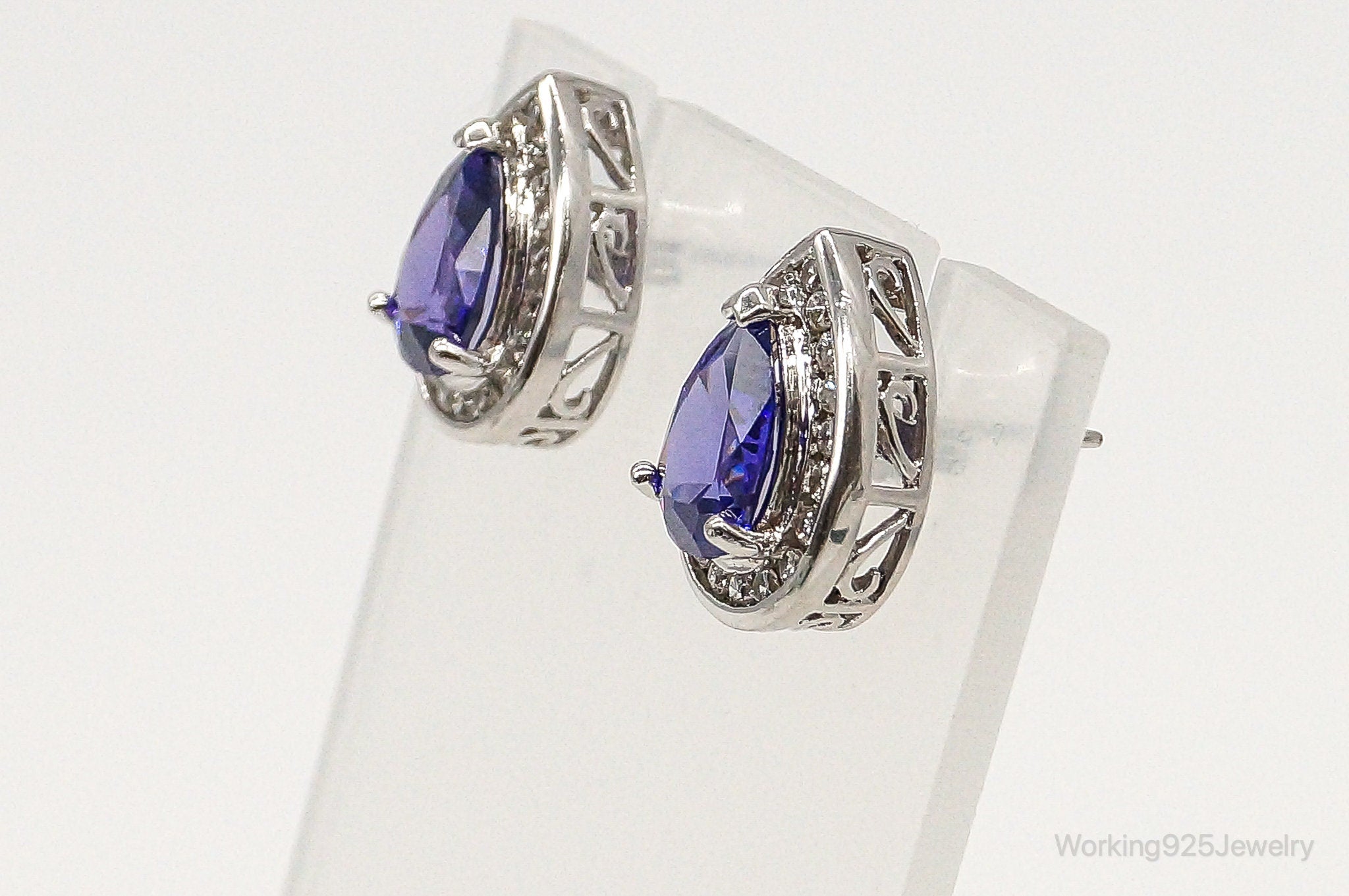 Designer Ross Simons Purple & White Cubic Zirconia Sterling Silver Earrings