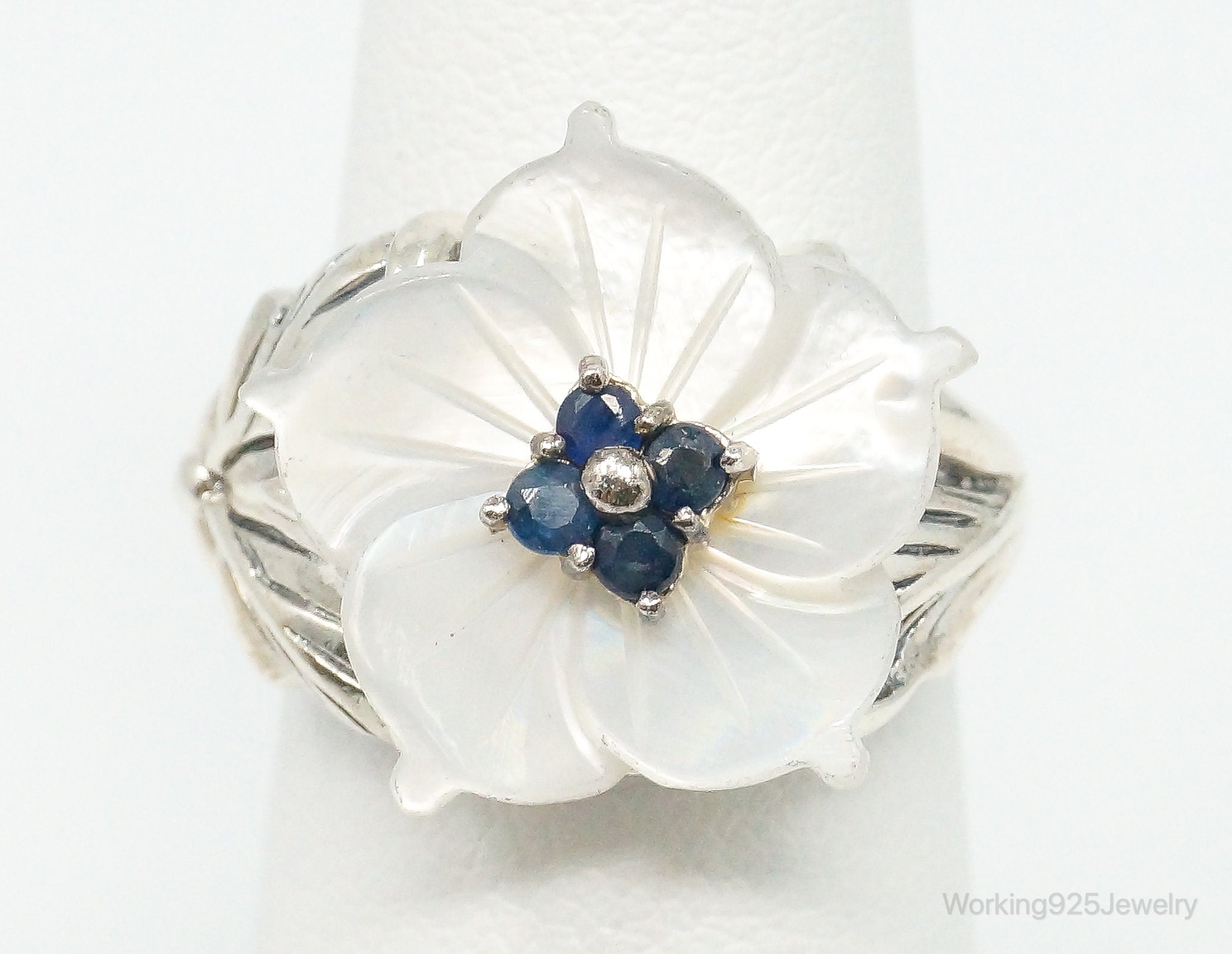 Designer Lee Sands Mother Of Pearl Sapphire Flower Sterling Silver Ring - SZ 5