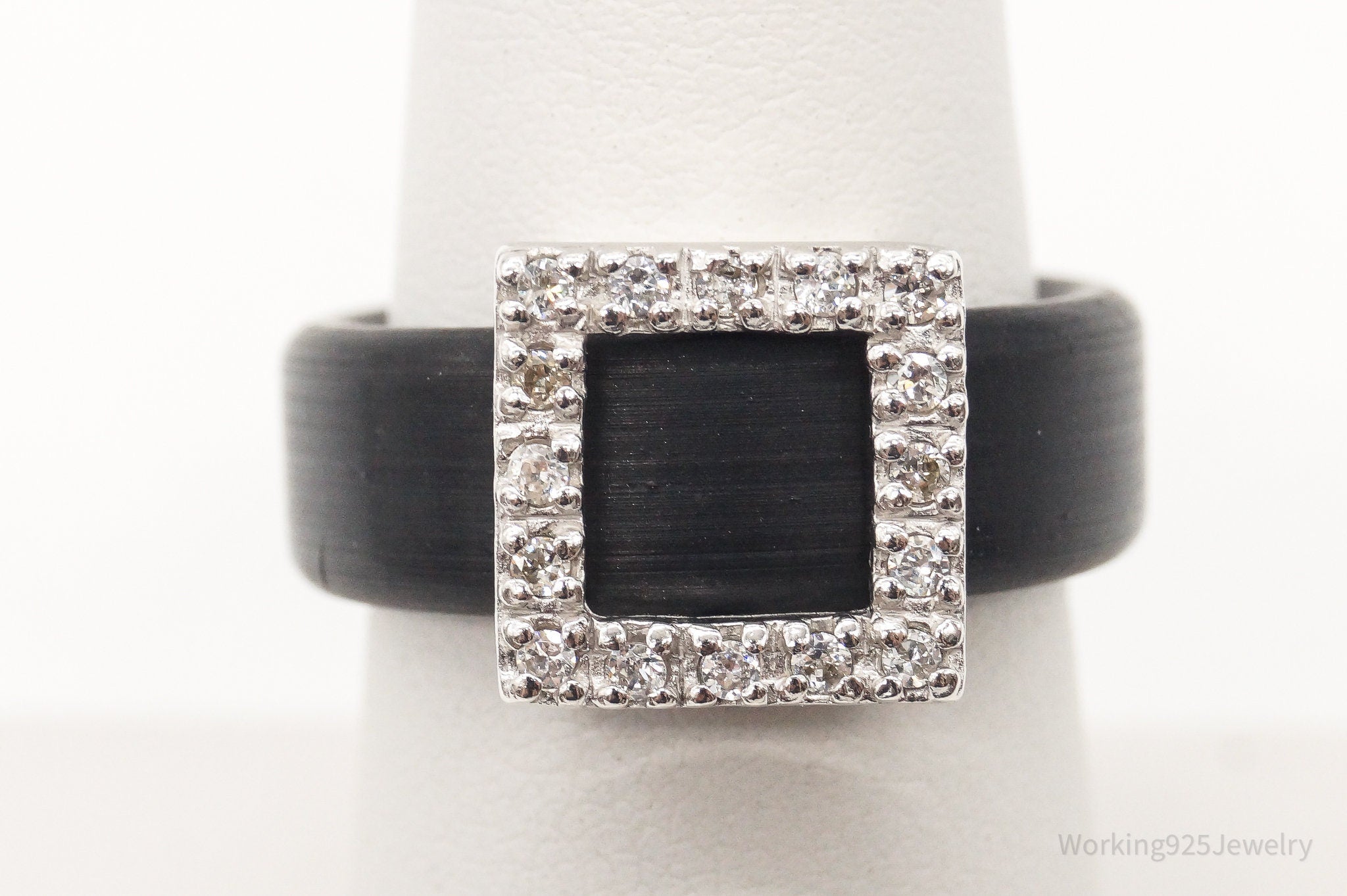 Vintage Cubic Zirconia Sterling Silver Black Rubber Ring SZ 7.25