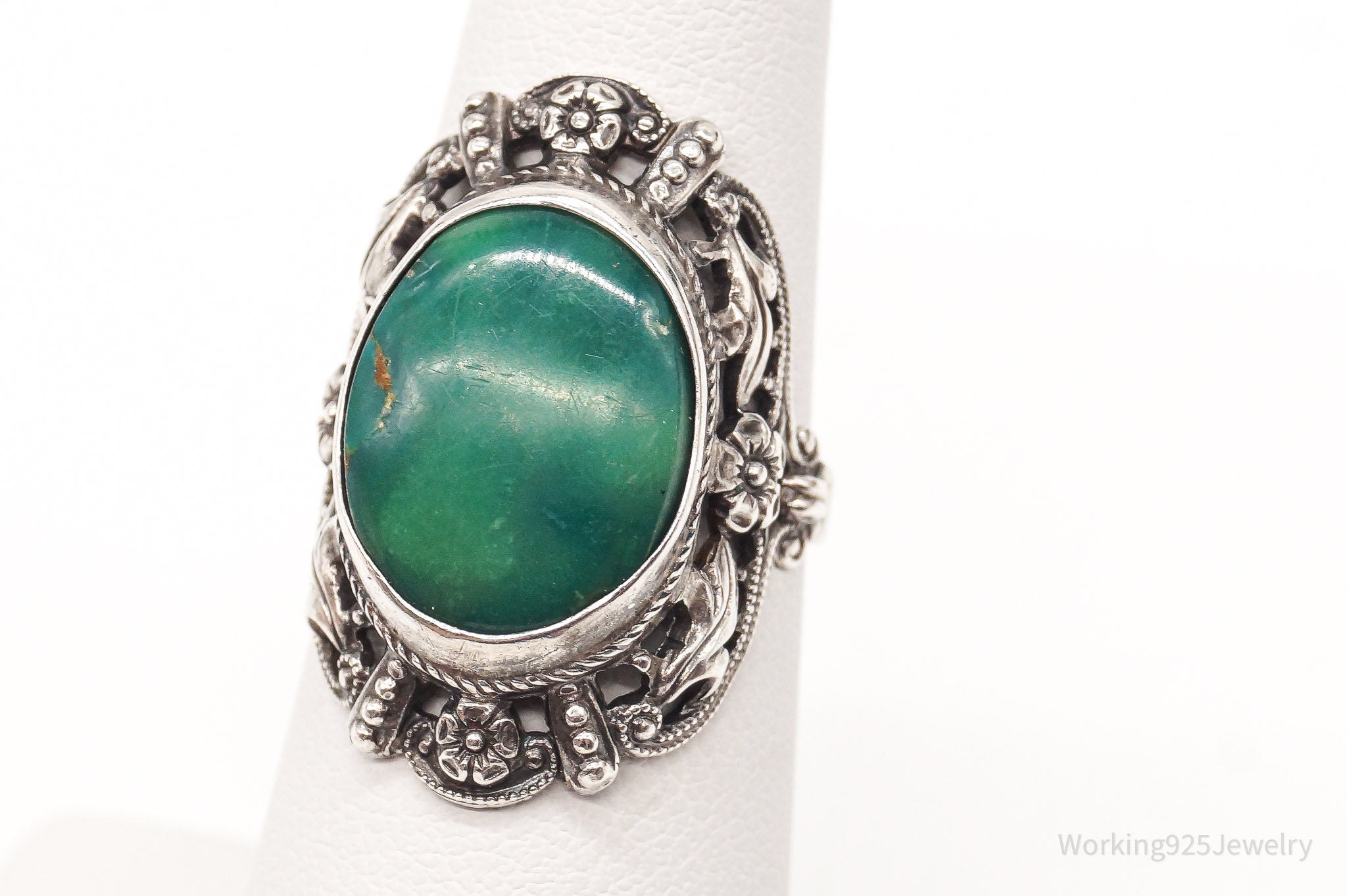 Antique Turquoise Ornate Floral Sterling Silver Ring - Size 6