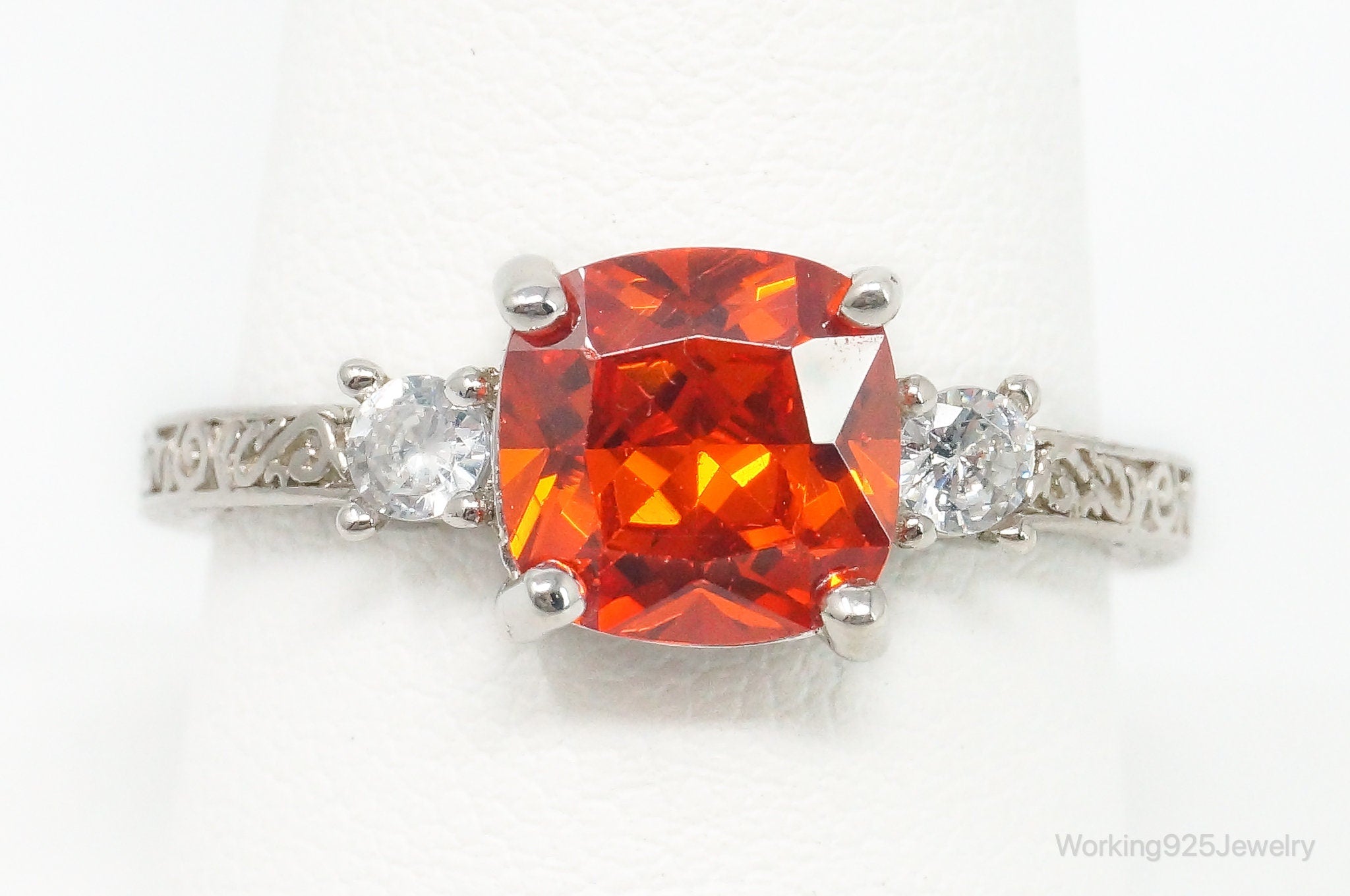 Large Orange Topaz White Cubic Zirconia Sterling Silver Ring - Size 9.25