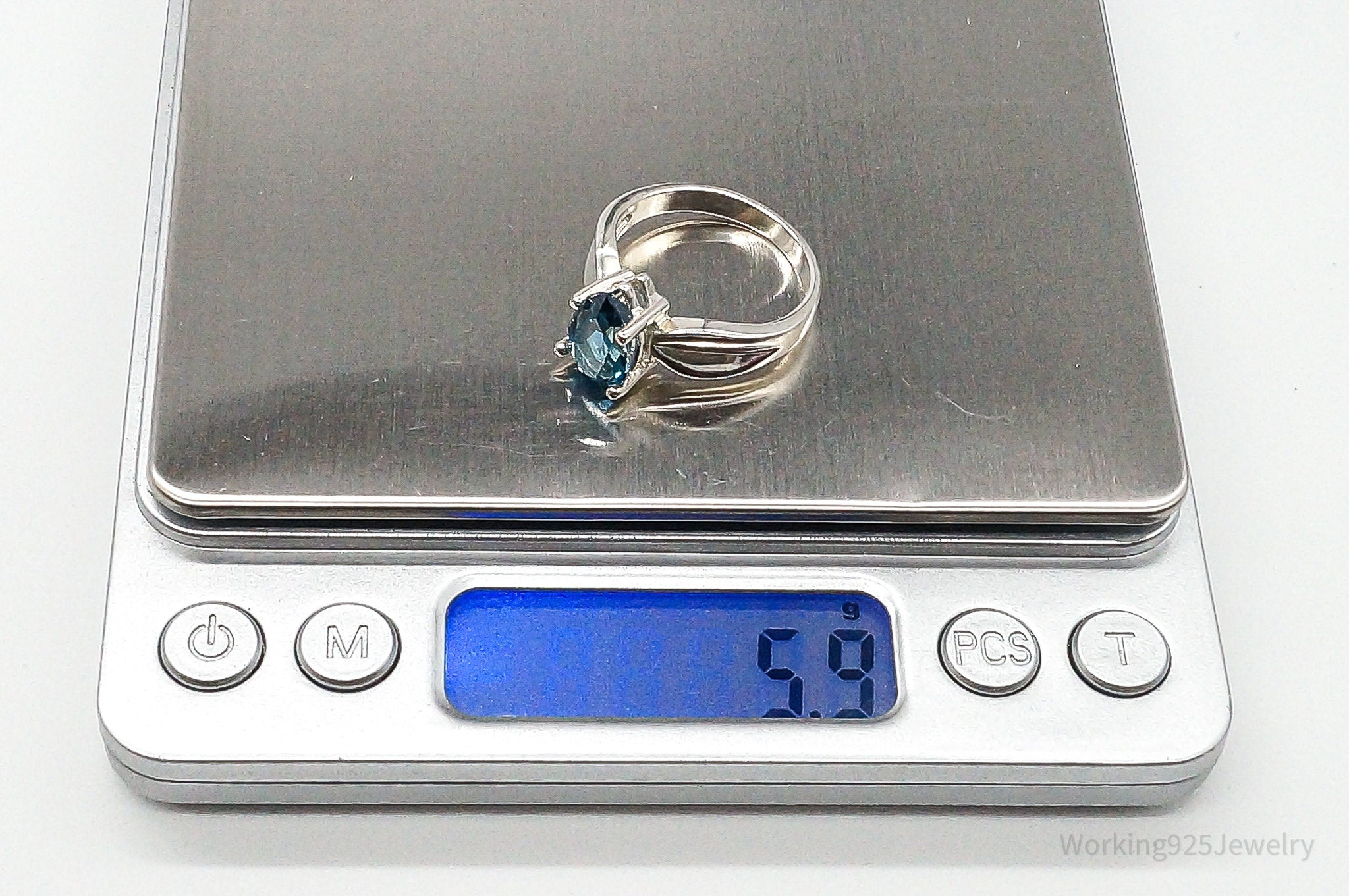 Vintage Large Blue Topaz Sterling Silver Ring - Size 10