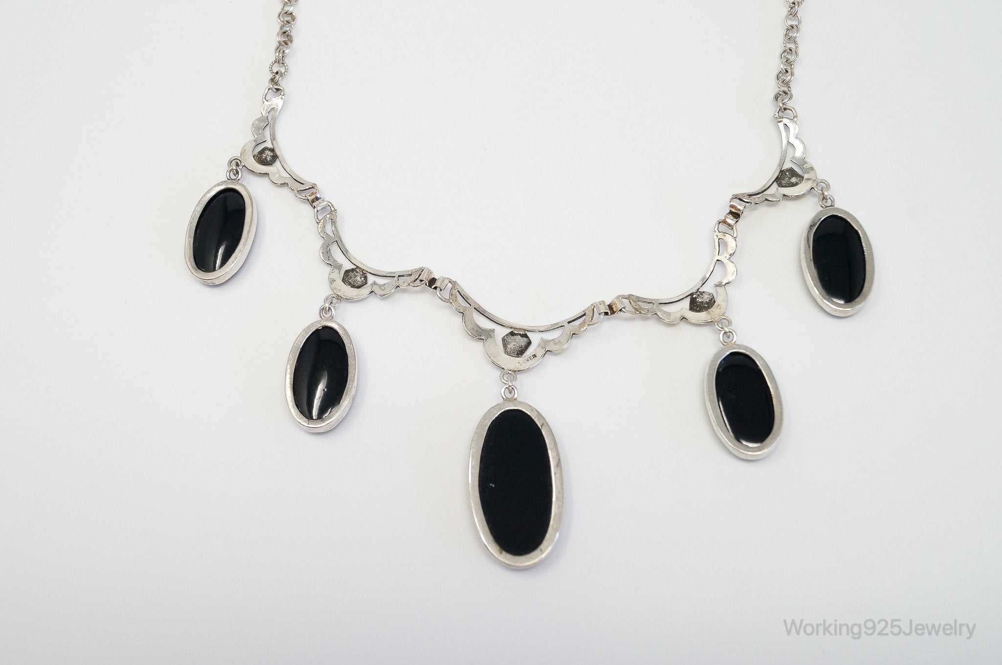 Antique Black Onyx Art Deco Silver Bib Necklace