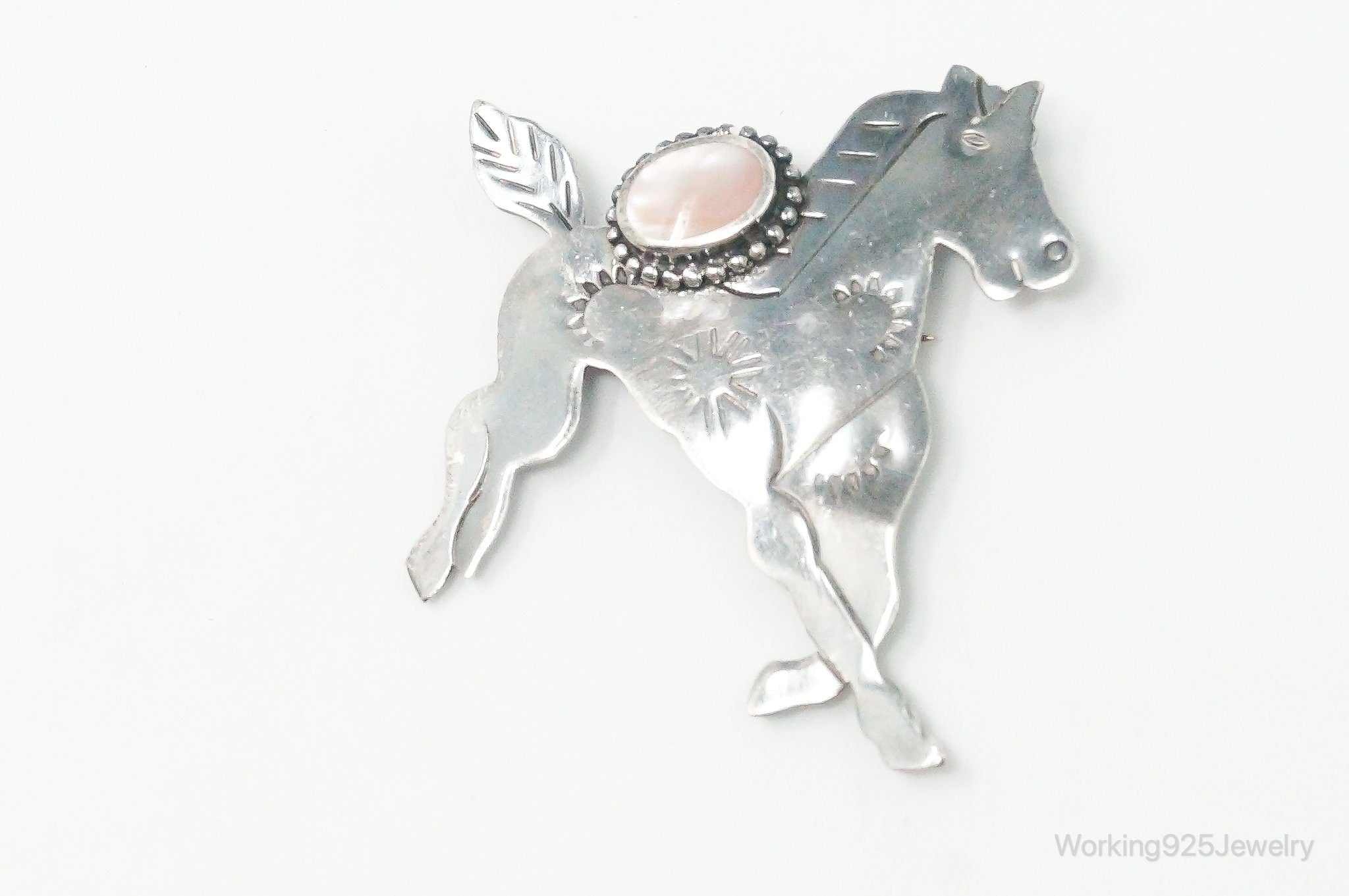 Vintage Designer Boma Pink Mother Of Pearl Horse Sterling Silver Brooch Pin