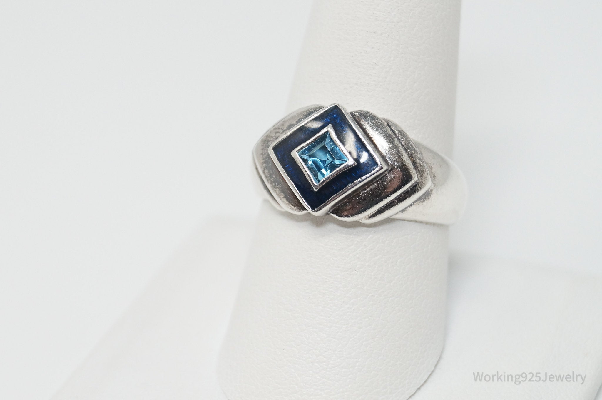 Vintage Designer CNA Blue Topaz Enamel Sterling Silver Ring - SZ 9