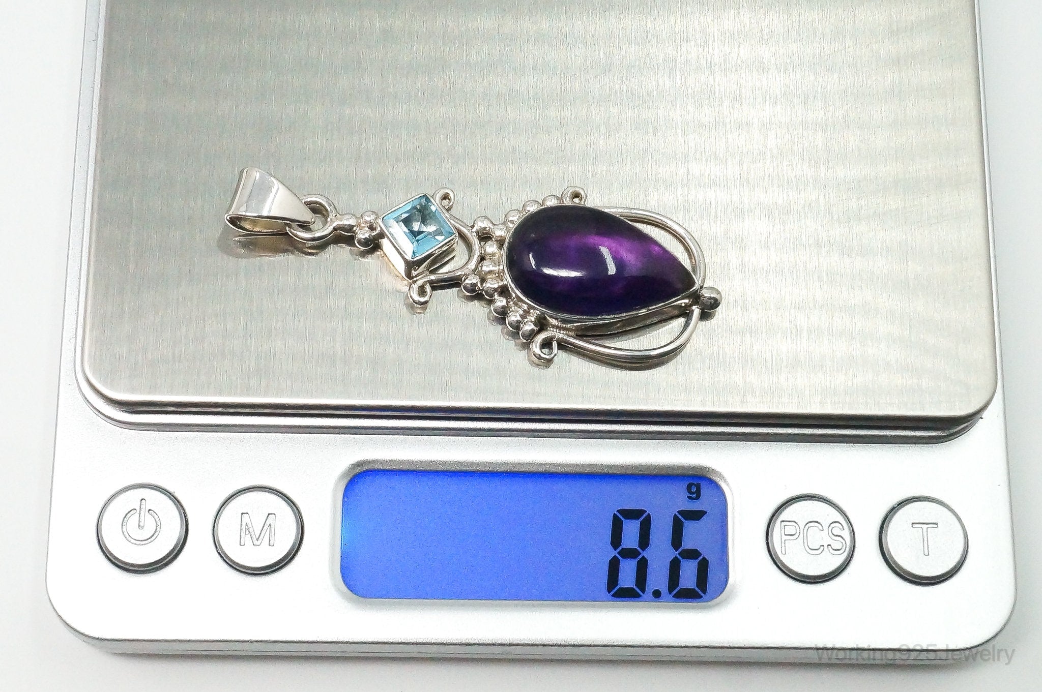 Large Vintage Blue Topaz Amethyst Sterling Silver Pendant