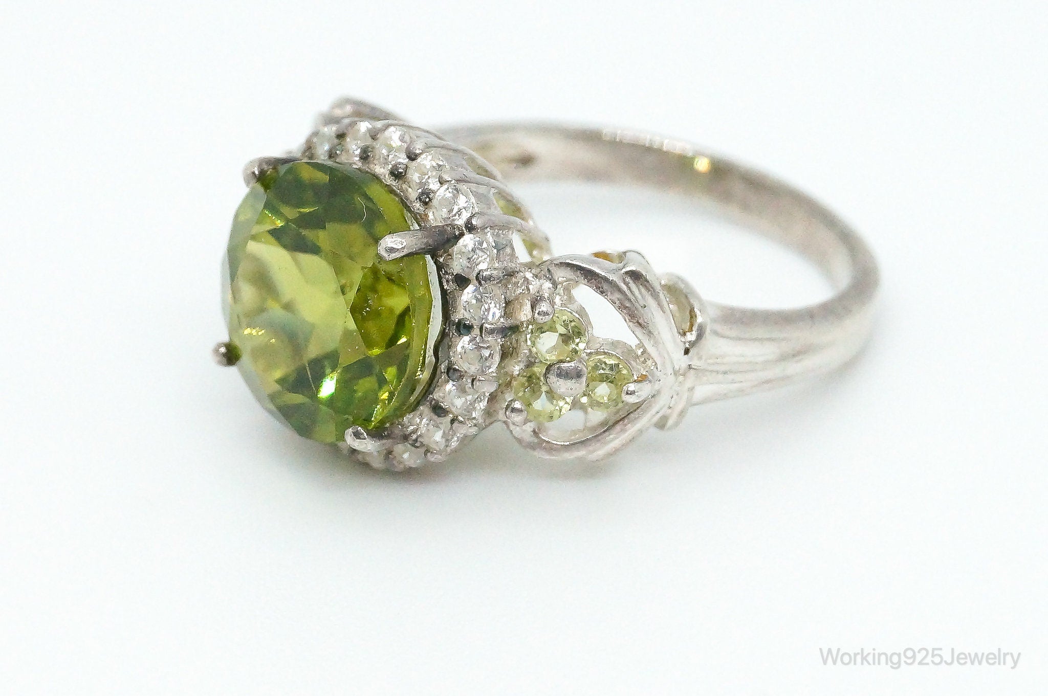 Designer KH Large Peridot Cubic Zirconia Sterling Silver Ring - Size 6