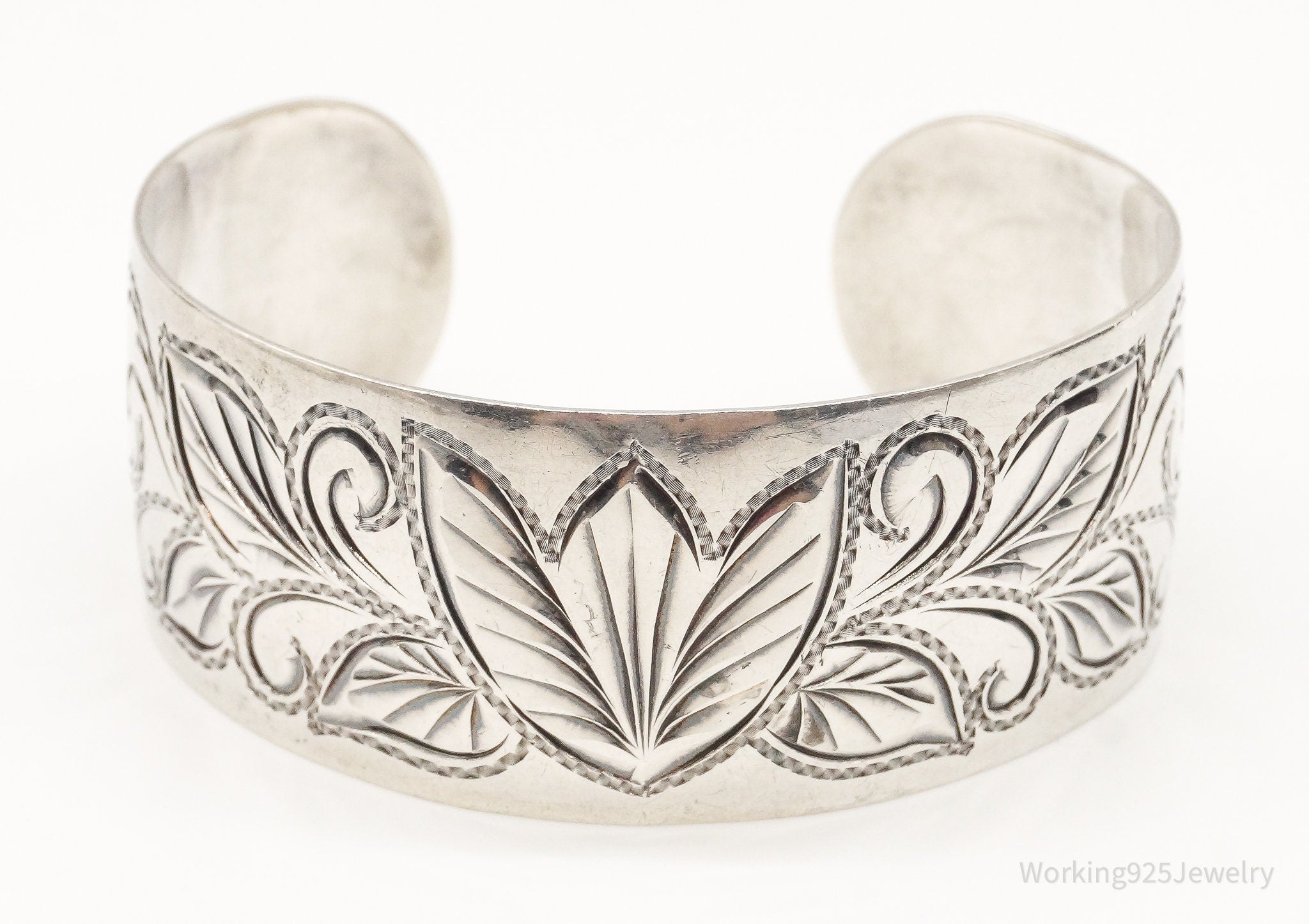 Antique Art Nouveau Motif Floral Sterling Silver Cuff Bracelet