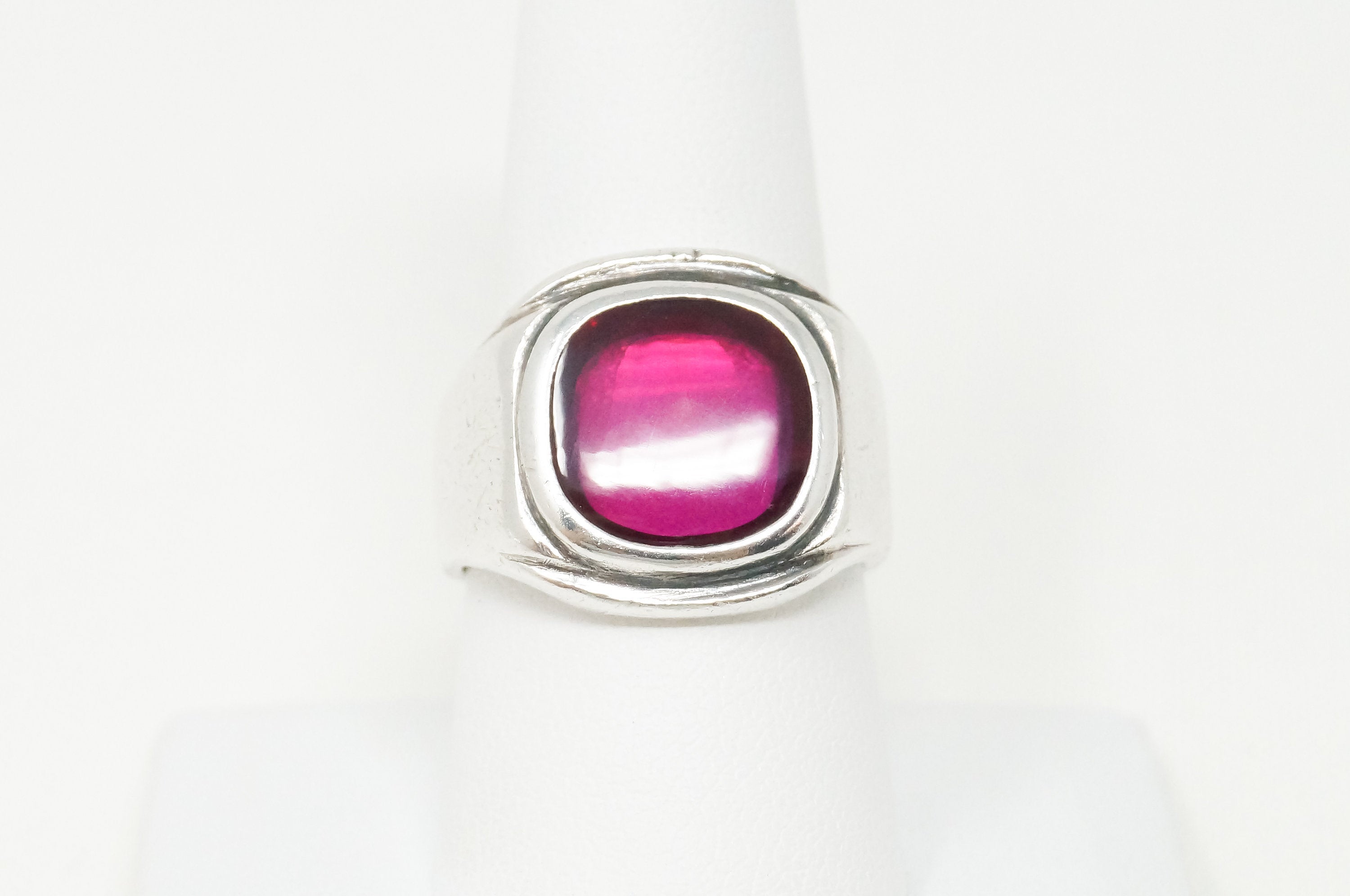 Antique Deco Style Red Pink Resin Silver Cigar Ring - Sz 8.5