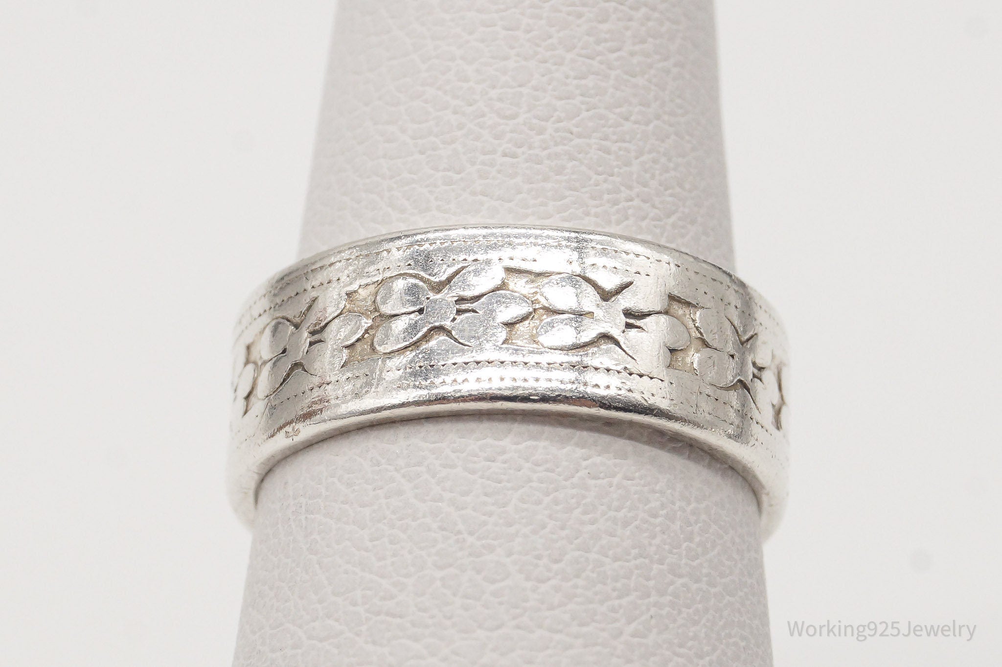 Antique Flowers Sterling Silver Band Ring - Size 5