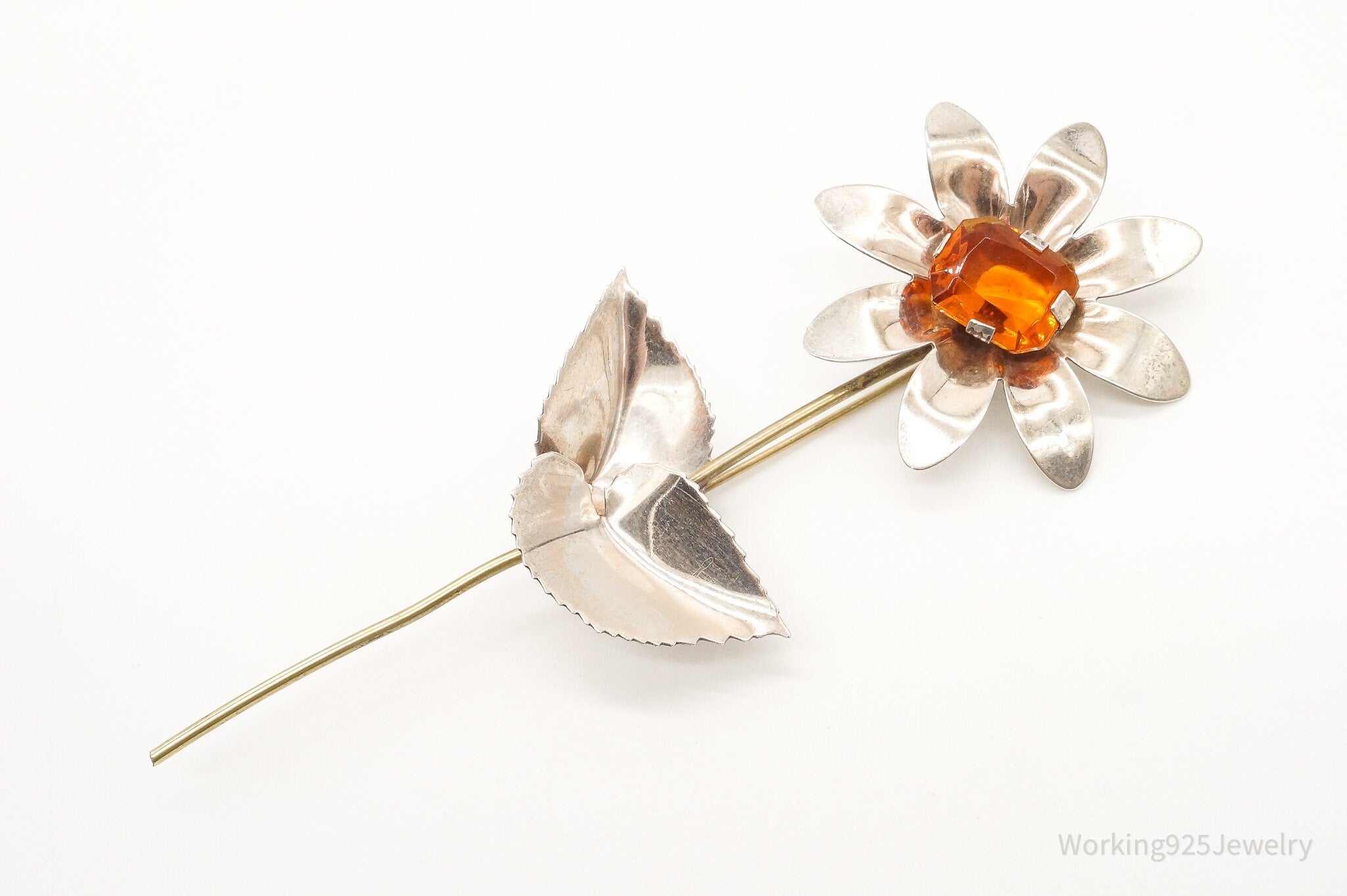 Antique Large Orange Stone Flower Sterling Silver Brooch Pin