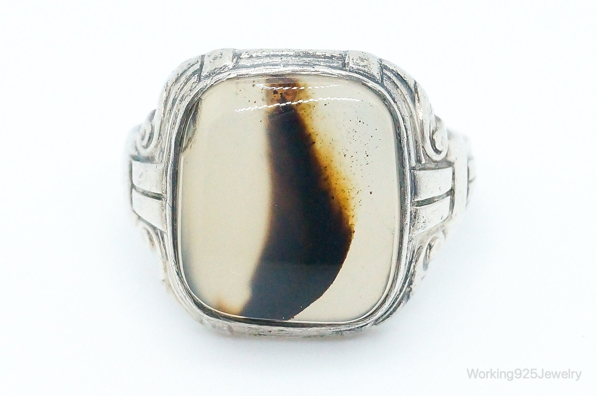 Antique Uncas MFG CO Moss Agate Sterling Silver Ring Size 6.25