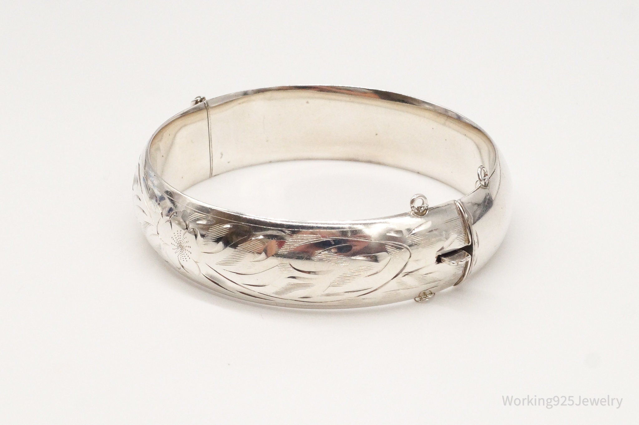 Vintage Ladye Fayre Floral Etched Sterling Silver Bangle Hinged Bracelet