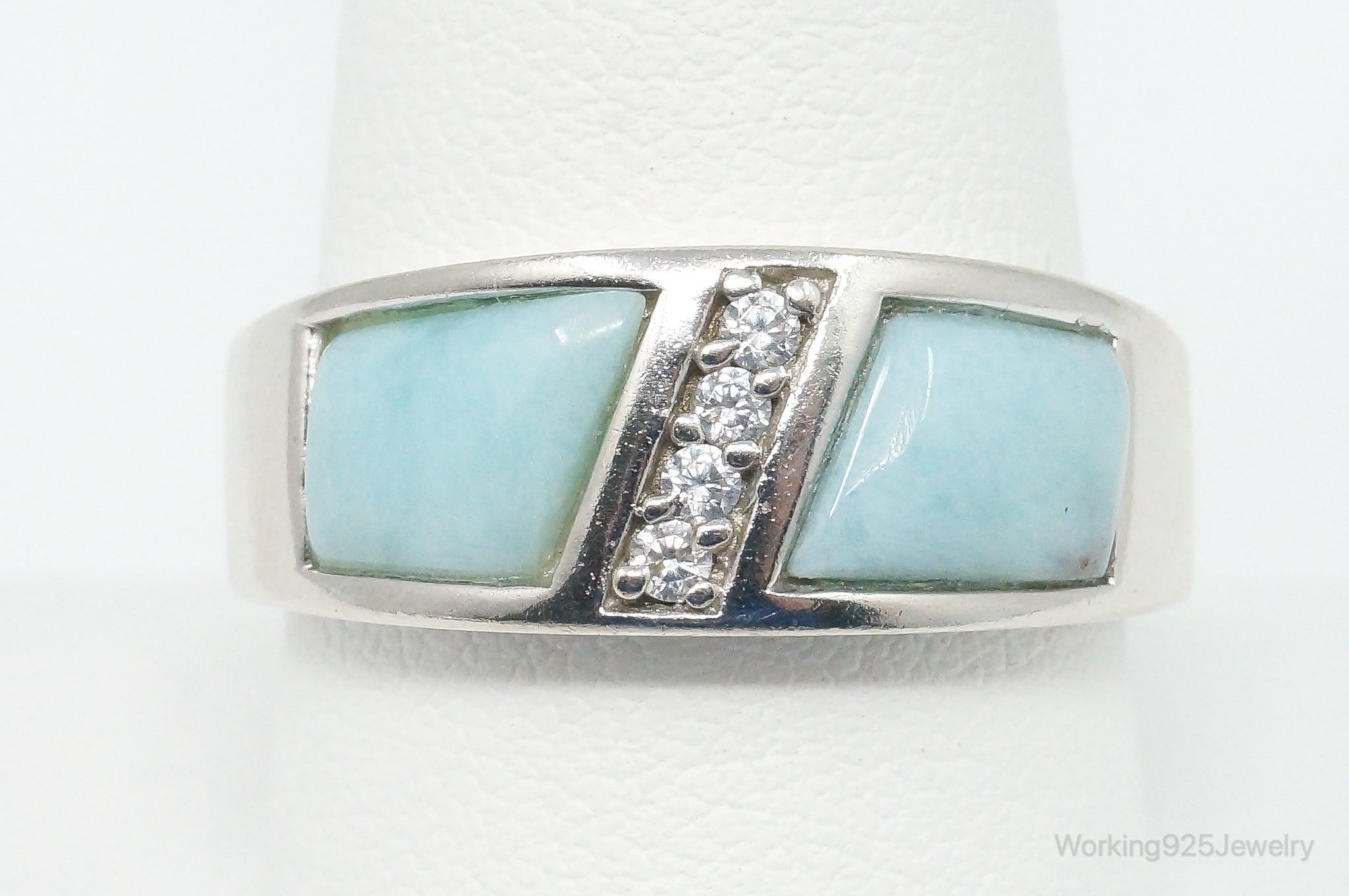 Vintage Blue Larimar Cubic Zirconia Sterling Silver Ring - Size 9.75