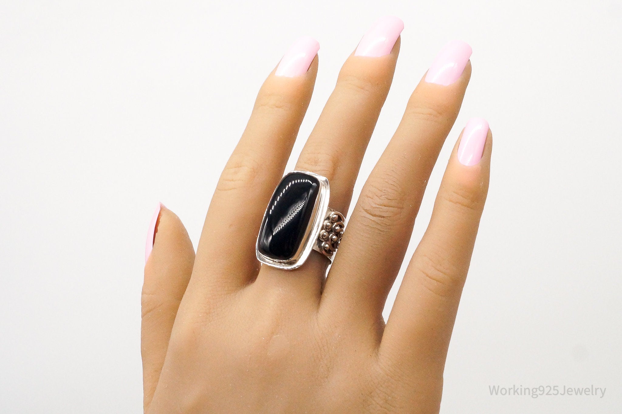 Vintage India Designer VS Black Onyx Sterling Silver Ring - Size 9.25