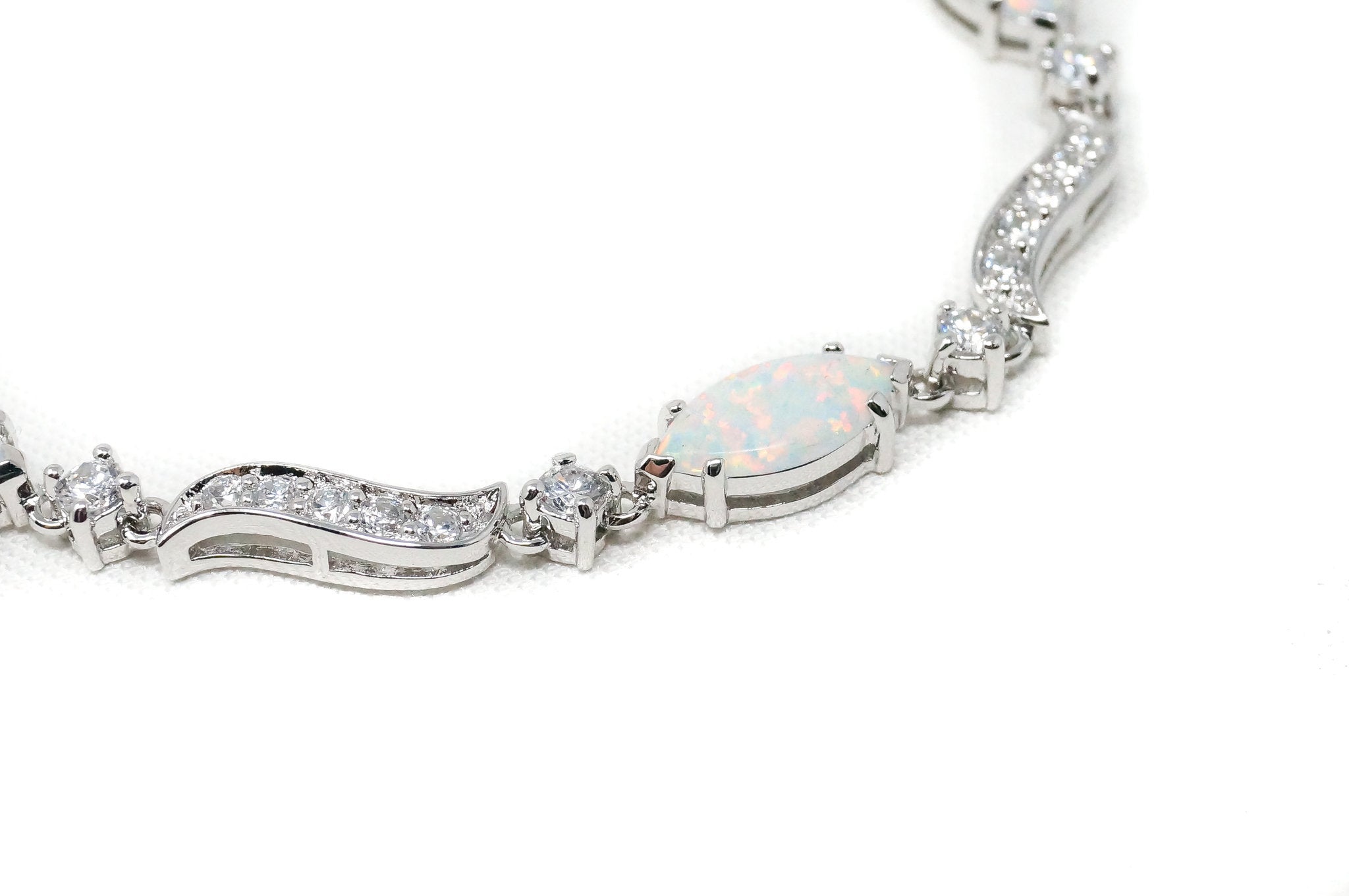 Vintage Art Deco Mid Century Opal Cubic Zirconia Sterling Silver Tennis Bracelet