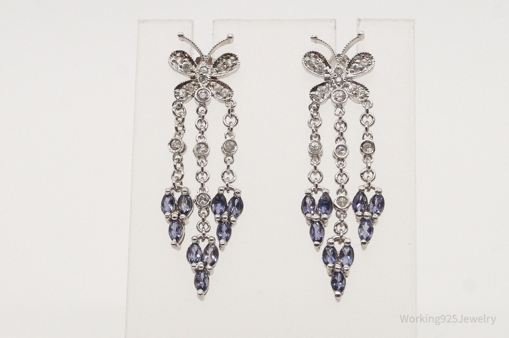 Vintage Iolite Cubic Zirconia Butterfly Sterling Silver Earrings