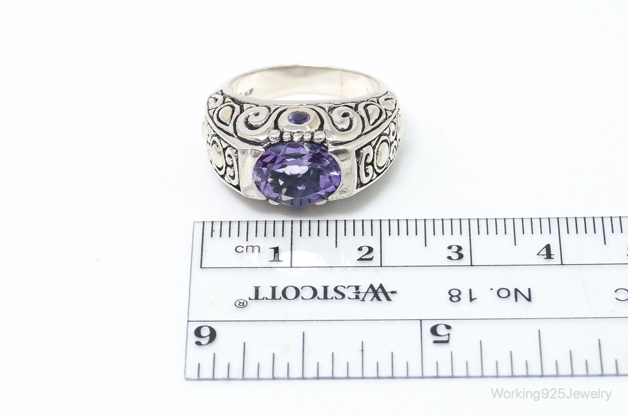 Vintage Designer Art Deco Large Amethyst Sterling Silver Ring - SZ 6.75