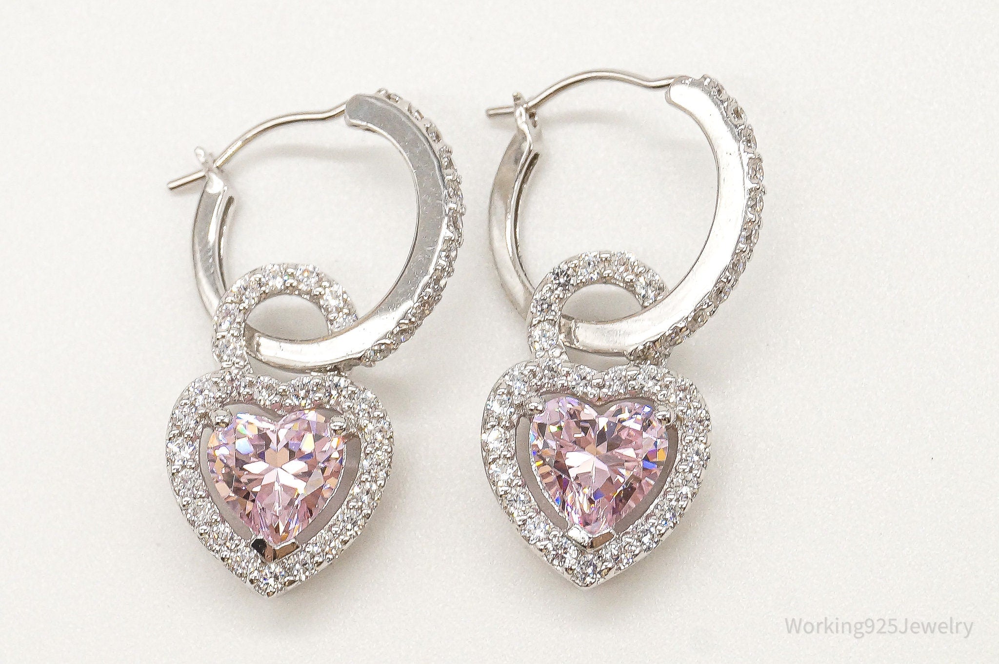 Pink & White Cubic Zirconia Hearts Sterling Silver Earrings