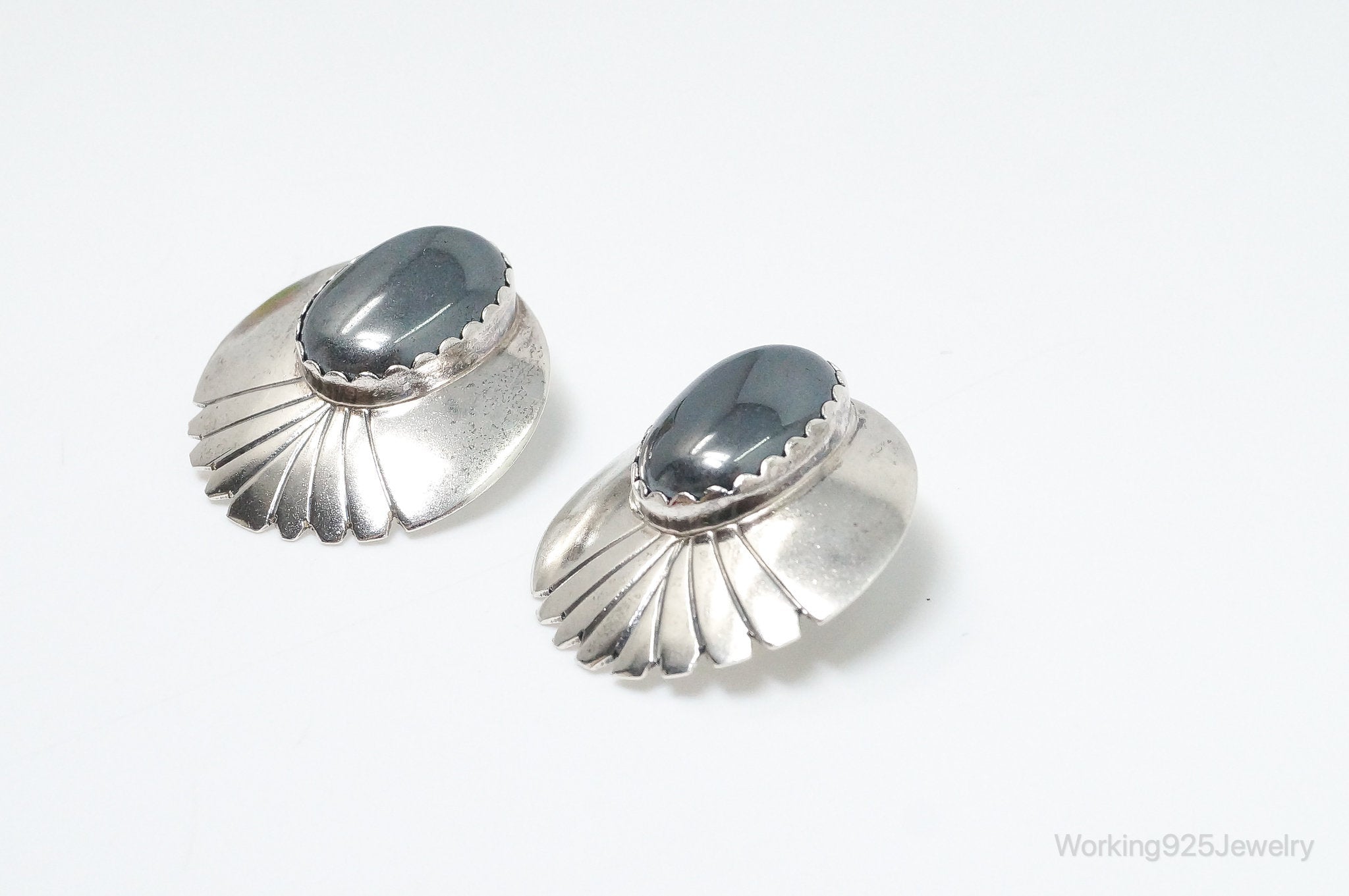 VTG Native American Handmade Fred Peters Hematite Sterling Silver Earrings