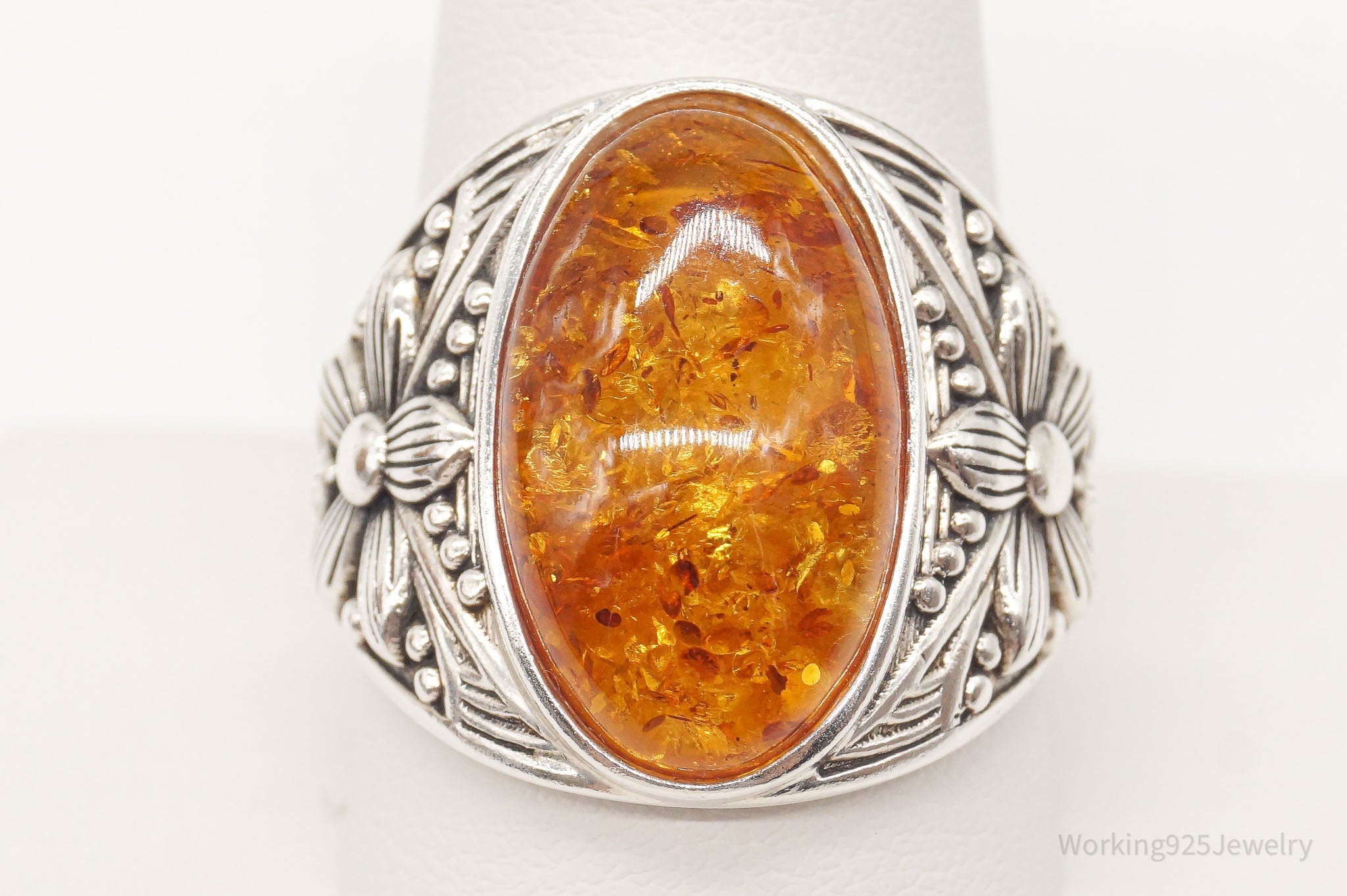 Vintage Designer BBJ Large Amber Sterling Silver Ring - Size 11