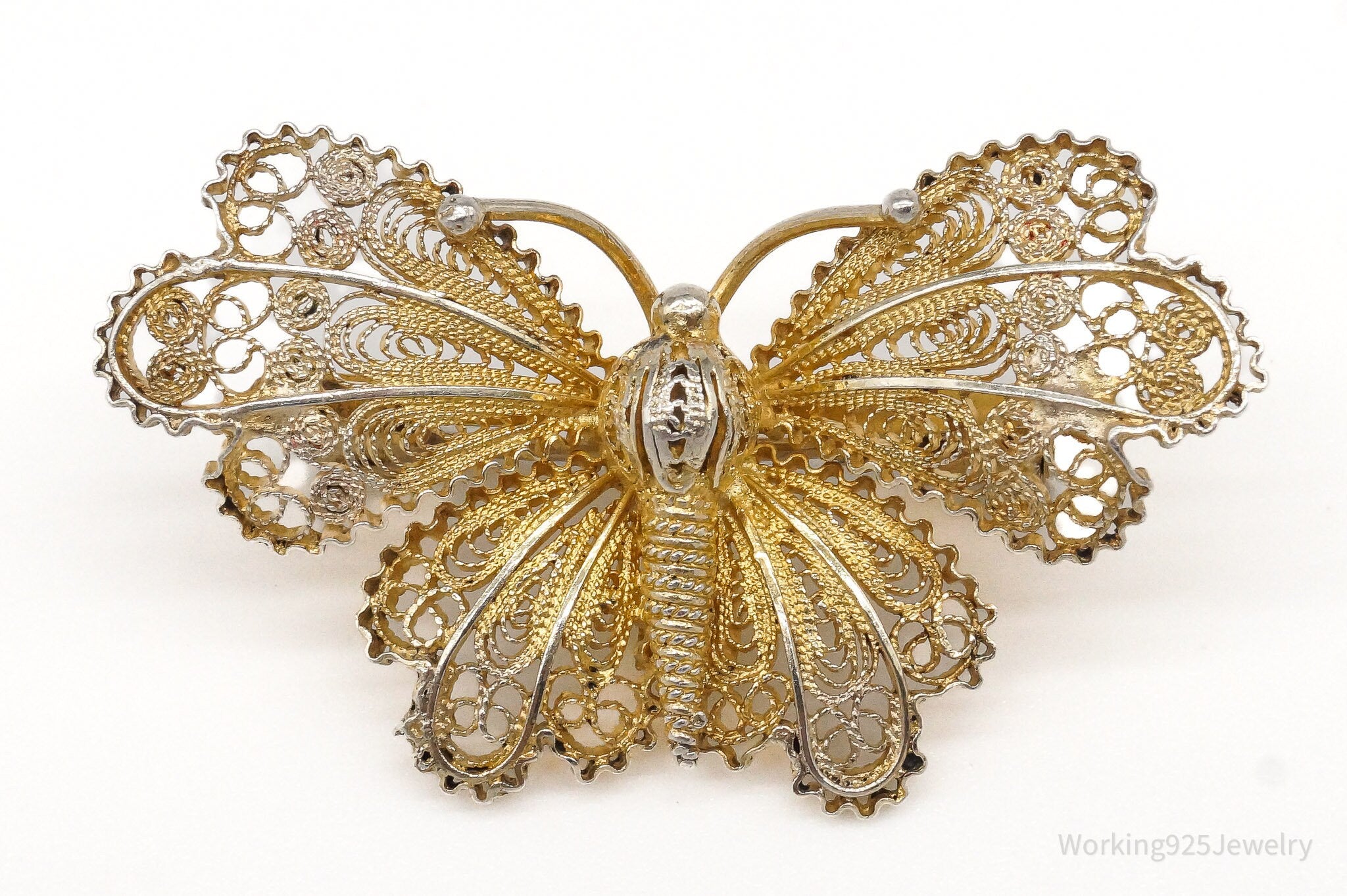 Antique Filigree Butterfly 900 / Sterling Silver Gold Wash Brooch Pin