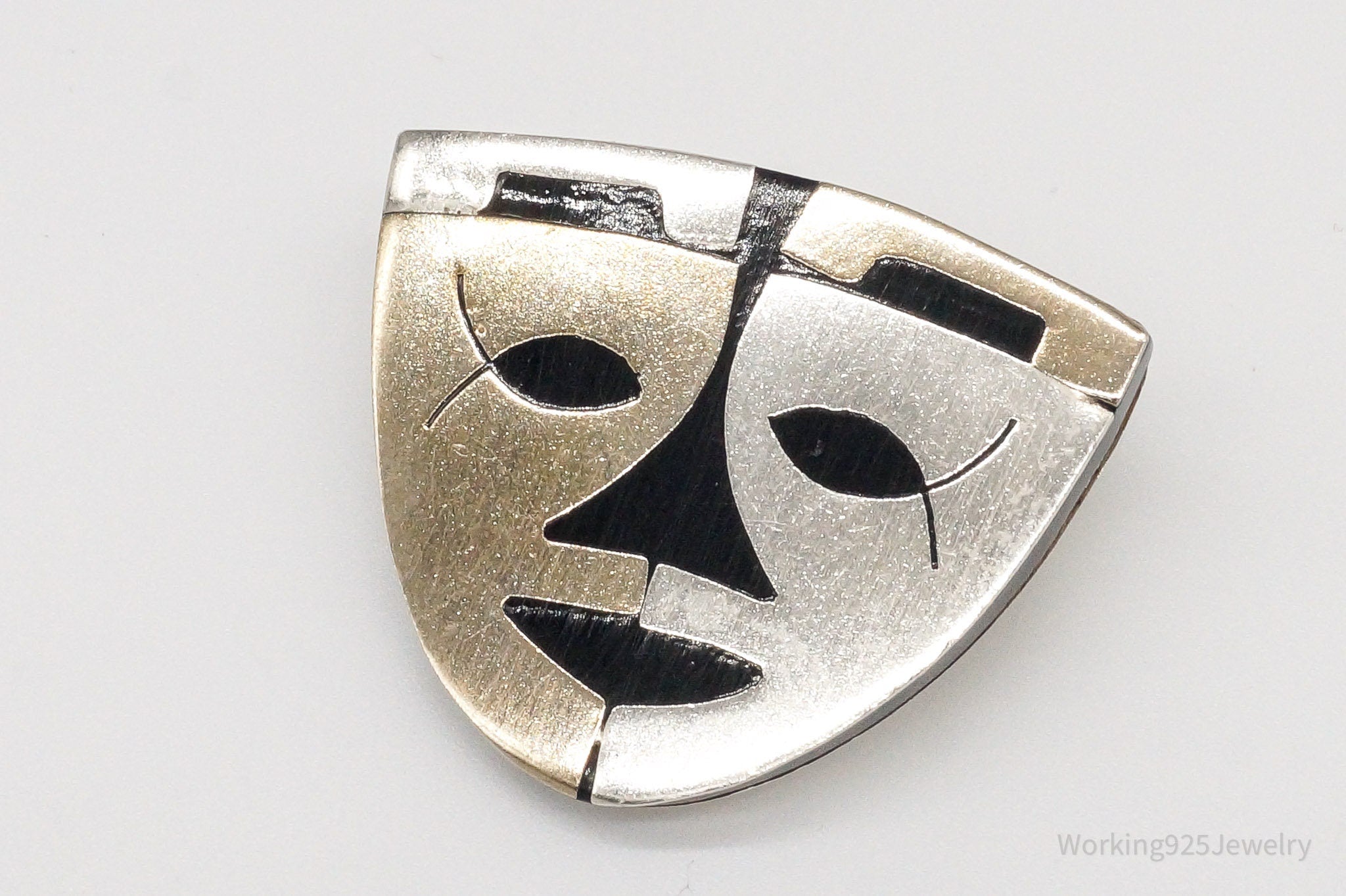 Large Vintage Mexico Warrior Tribal Mask Sterling Silver Two Tone Brooch Pin