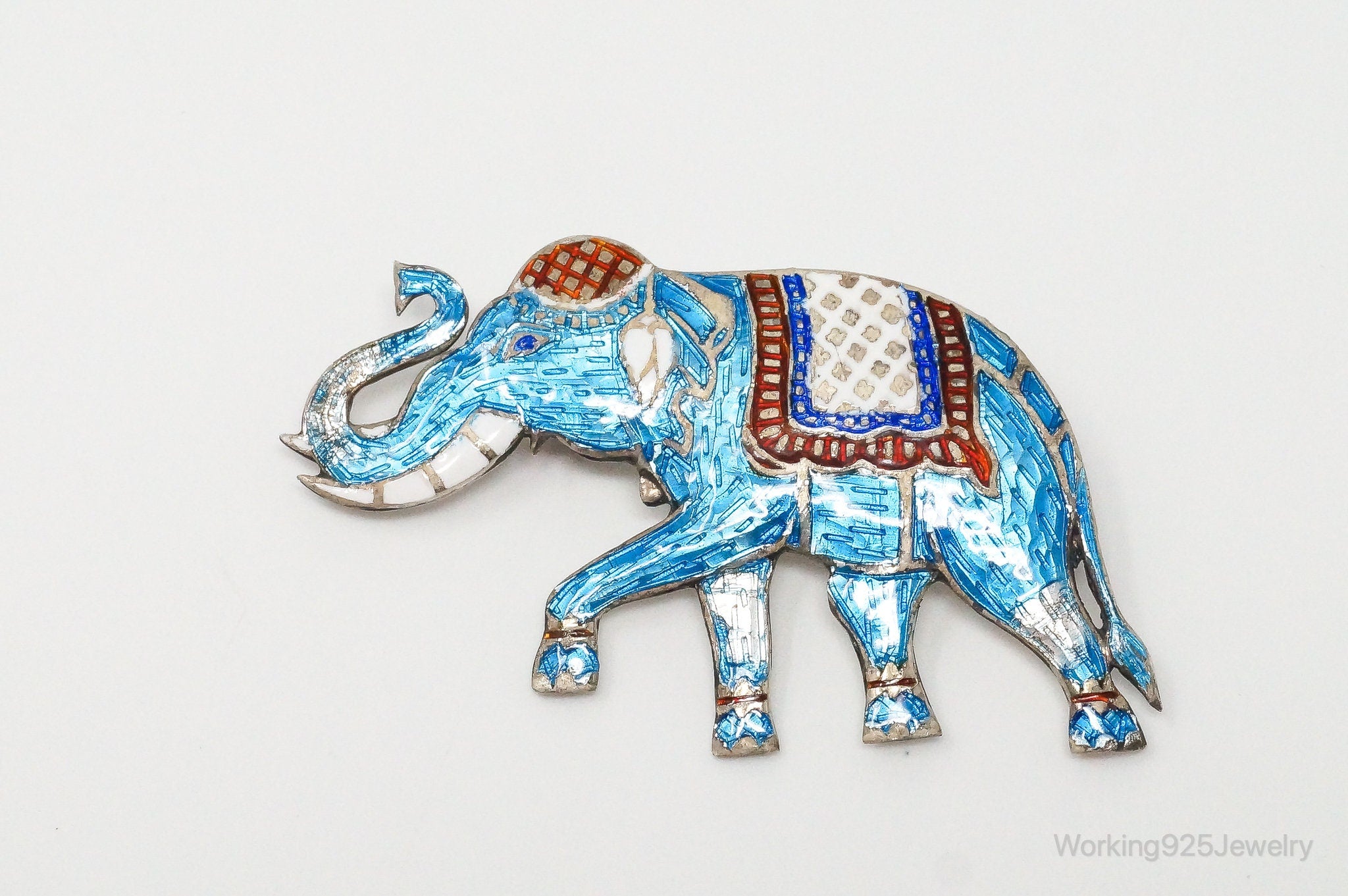 Vintage Designer SIAM NIELLO Elephant Enamel Sterling Silver Brooch Pin