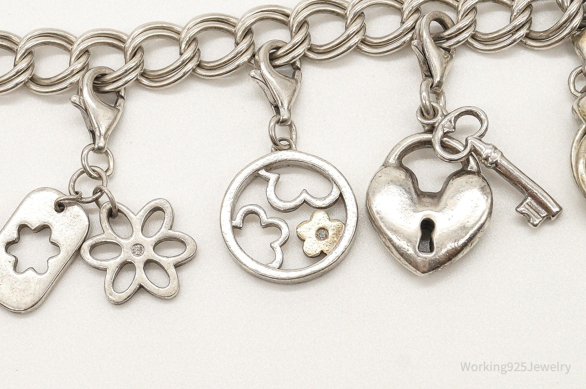 Vintage Hearts & Flowers Charms Diamond Sterling Silver Bracelet