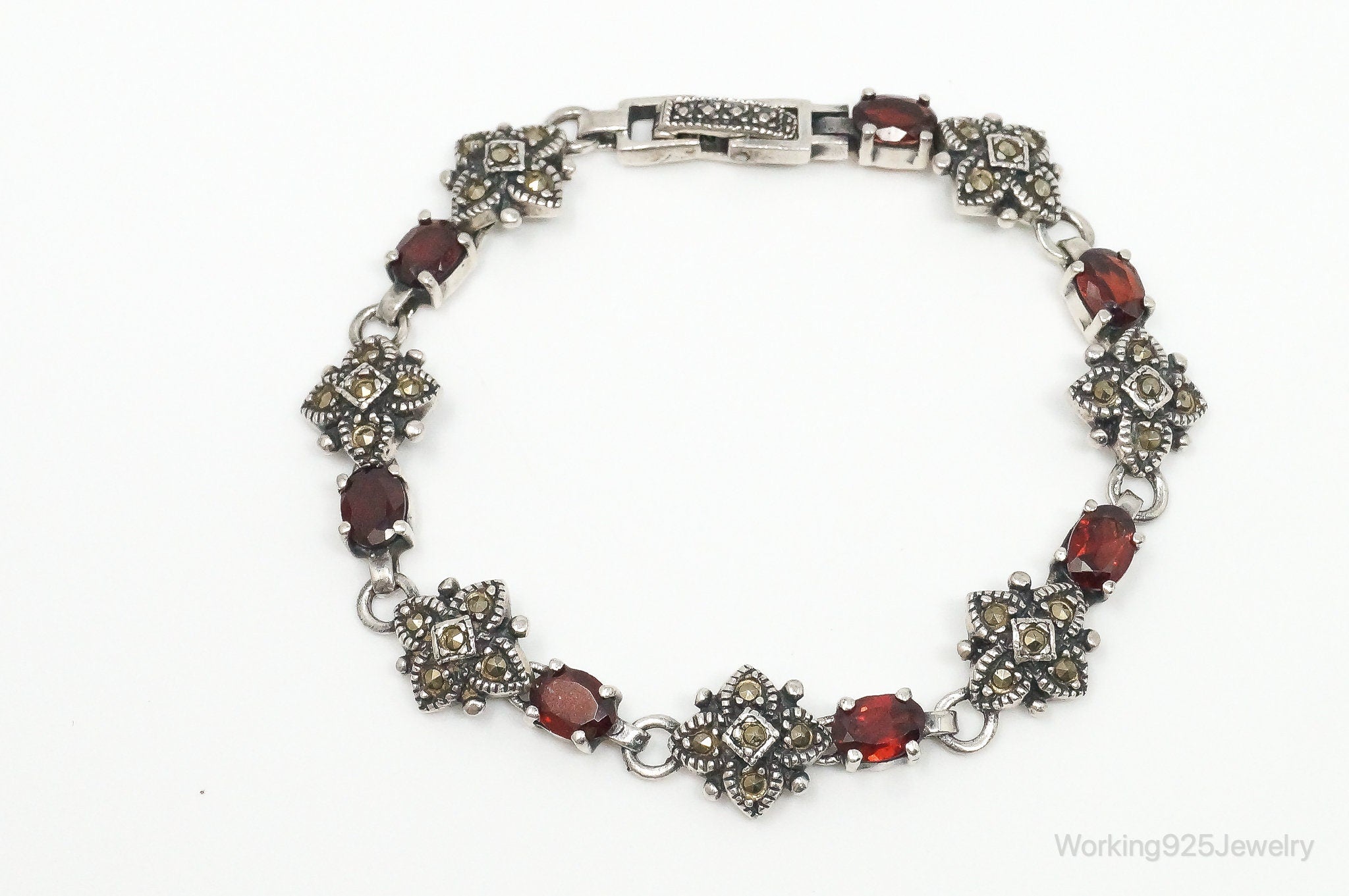 Vintage Art Deco Garnet Marcasite Sterling Silver Bracelet