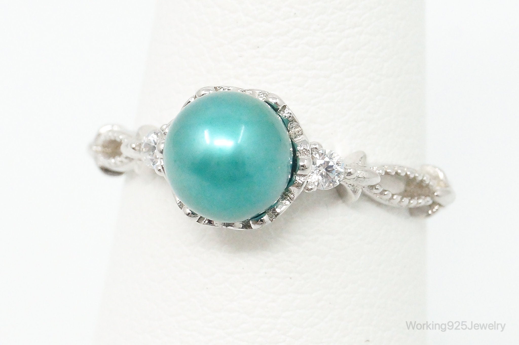 Lab Turquoise Pearl Cubic Zirconia Sterling Silver Ring Size - 6.25 Adjustable