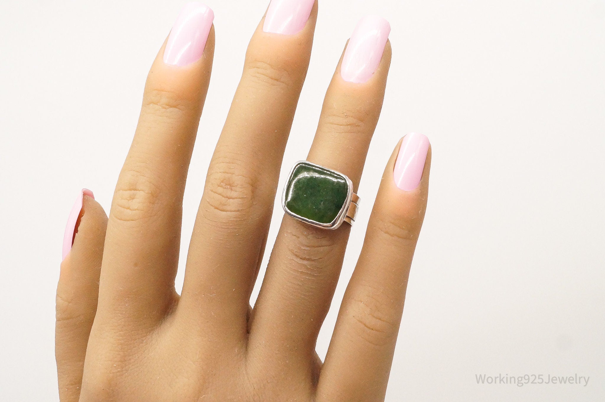 Vintage Green Jade Silver Ring - Size 4.75