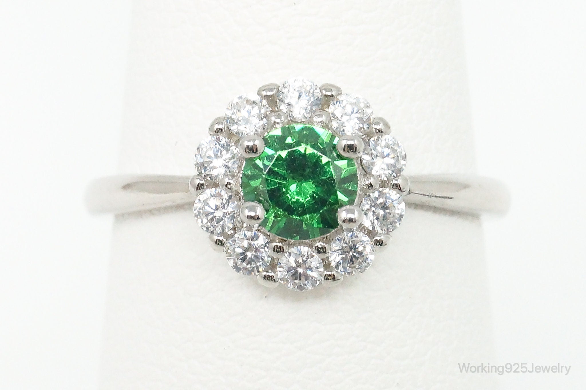 Green & White Cubic Zirconia Sterling Silver Ring - Size 6.75