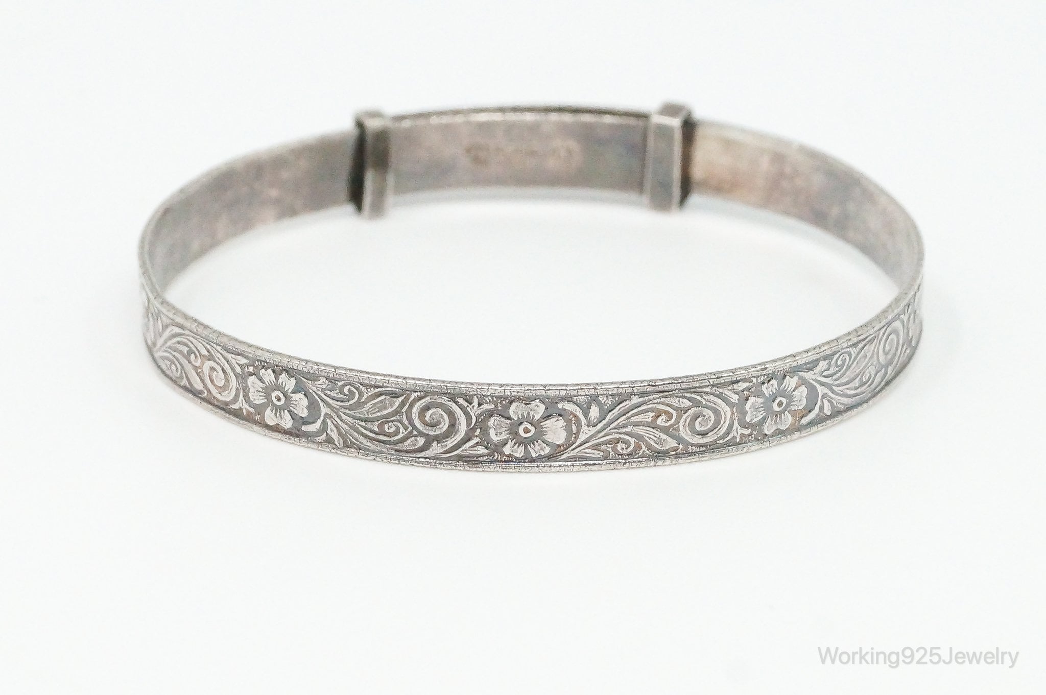 Antique Flowers Motif Sterling Silver Expanding Bangle Bracelet