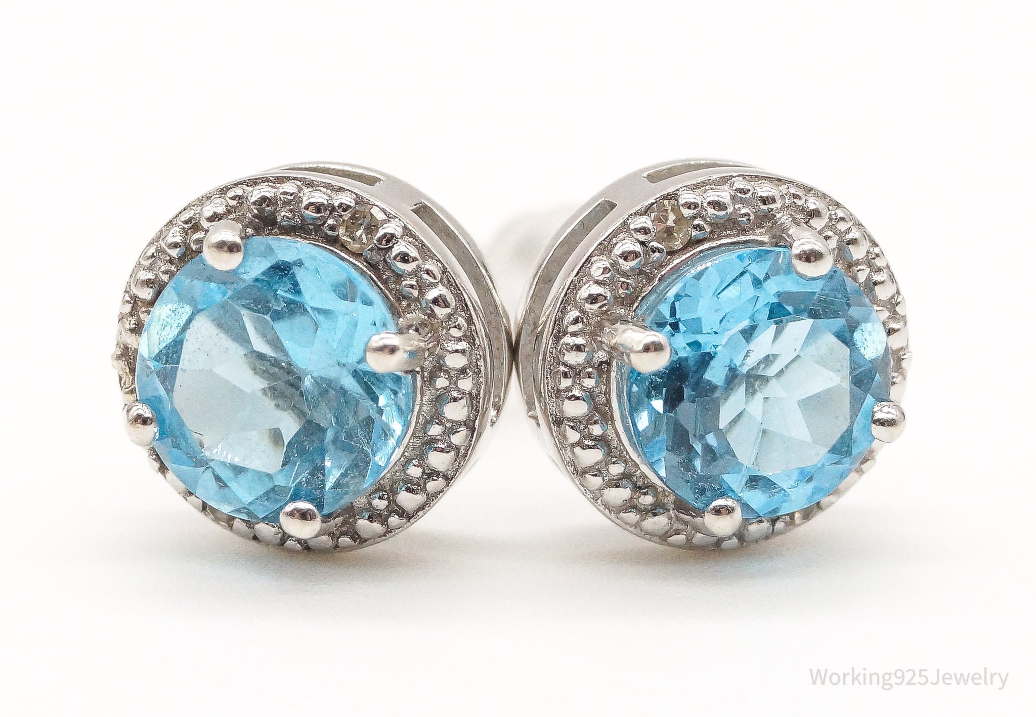 Vintage Blue Topaz 4 Diamond Sterling Silver Earrings