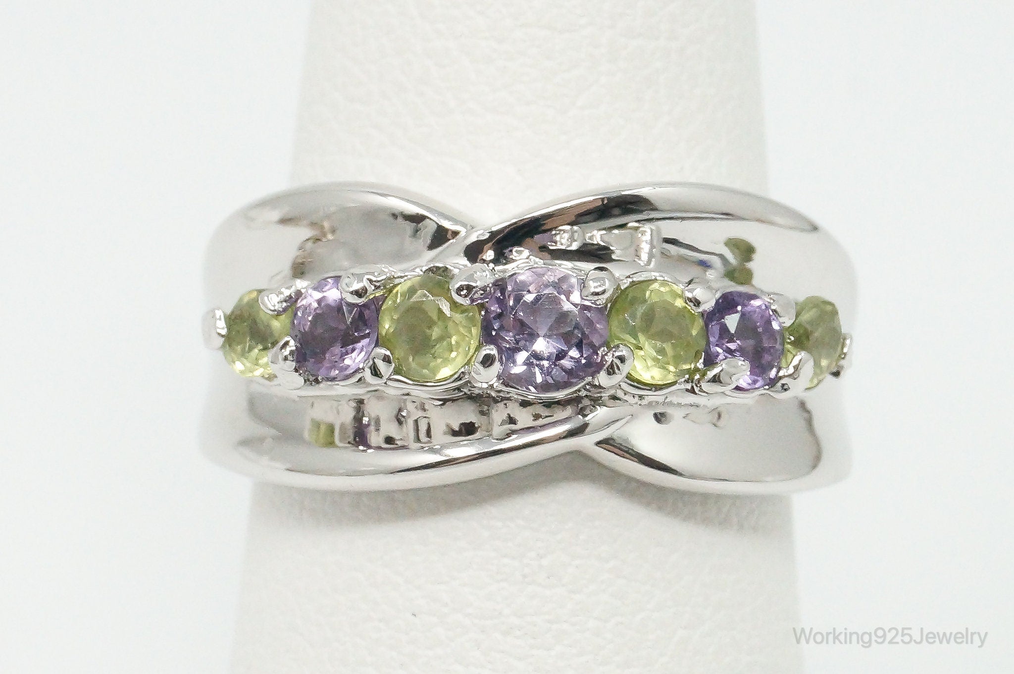 Vintage Designer SETA Peridot Amethyst Sterling Silver Ring - Size 6.75