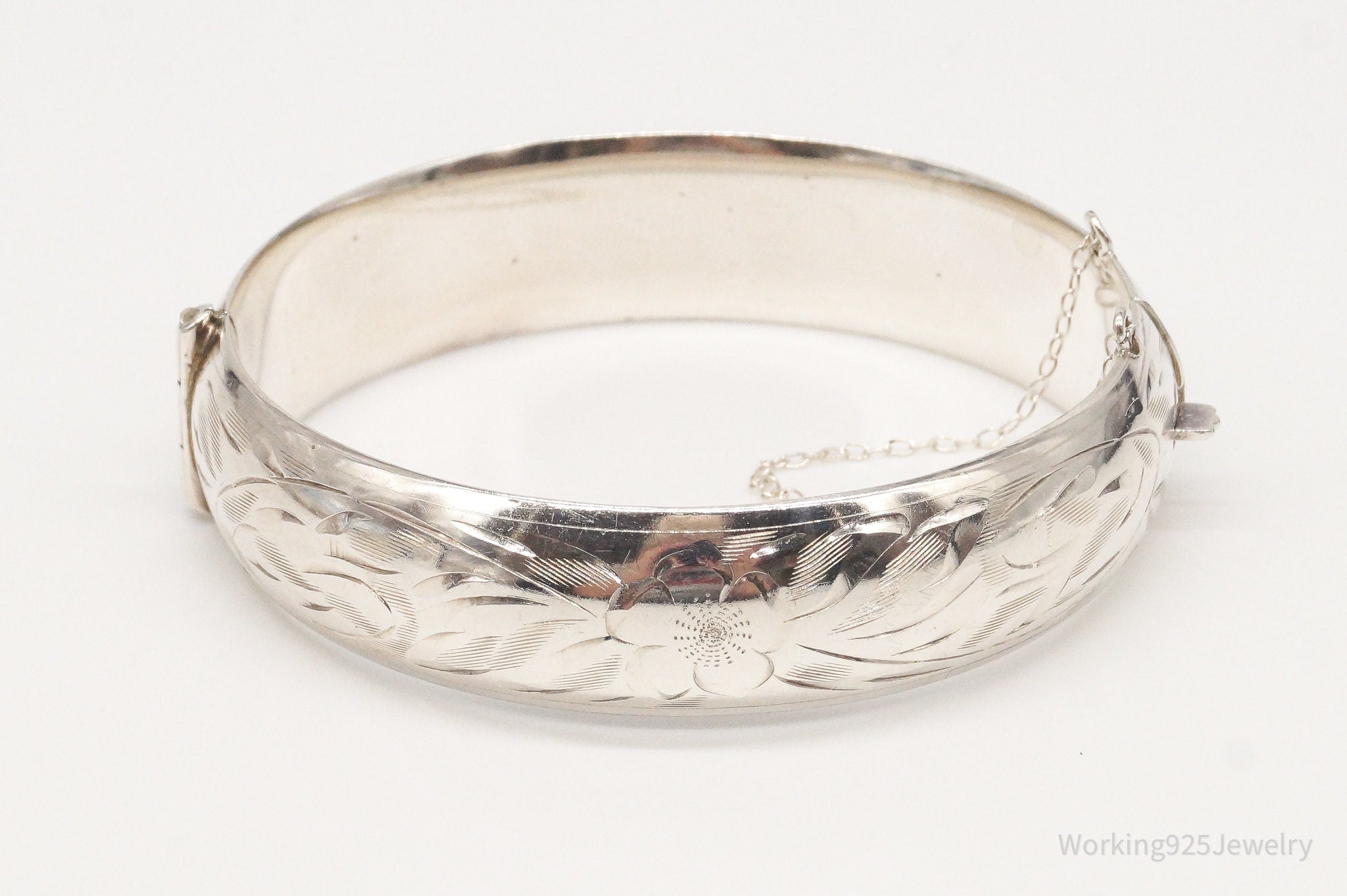 Vintage Ladye Fayre Floral Etched Sterling Silver Bangle Hinged Bracelet