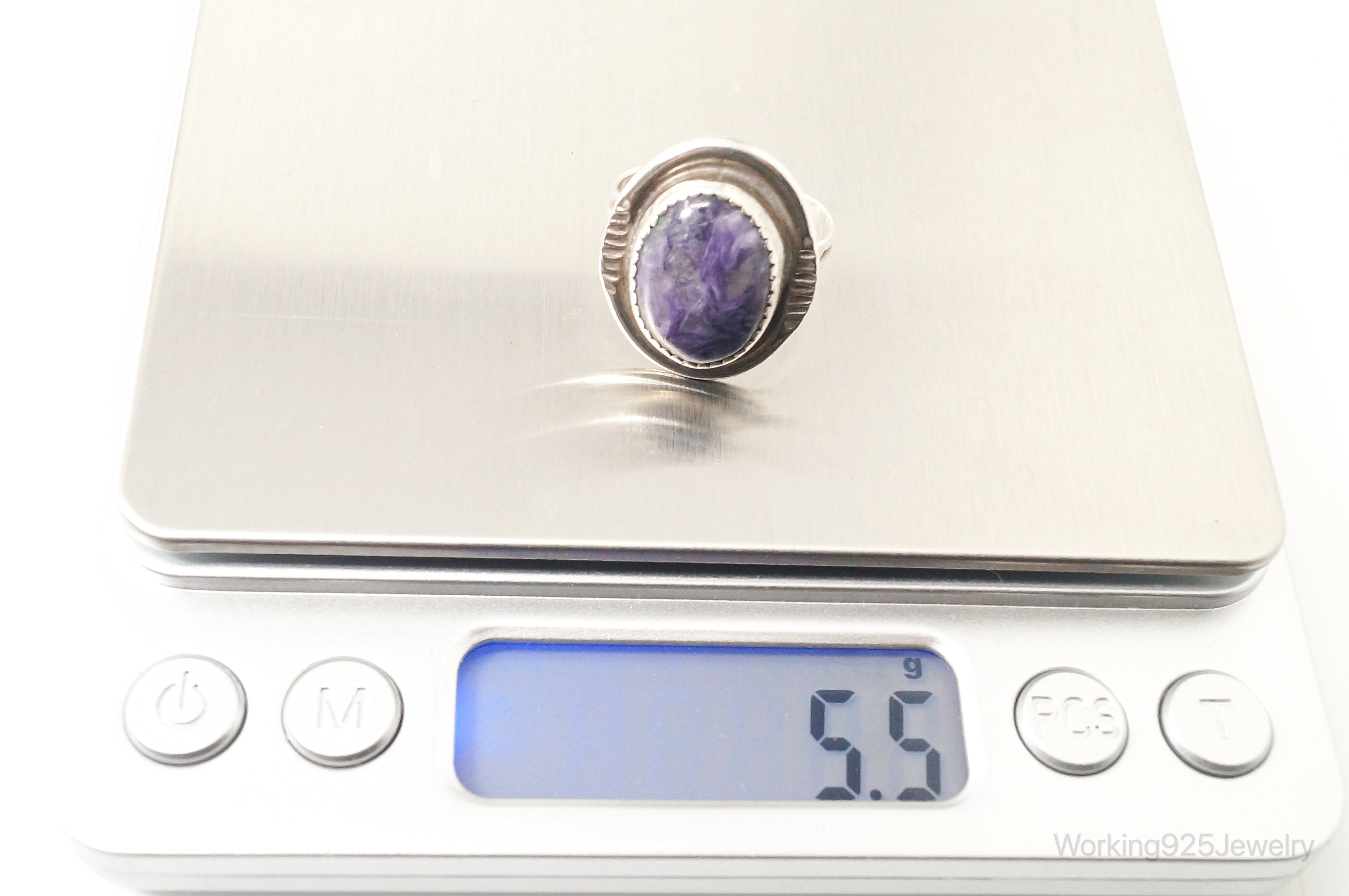 Rare Vintage Native American Signed CT Charoite Sterling Silver Ring - Sz 9.25