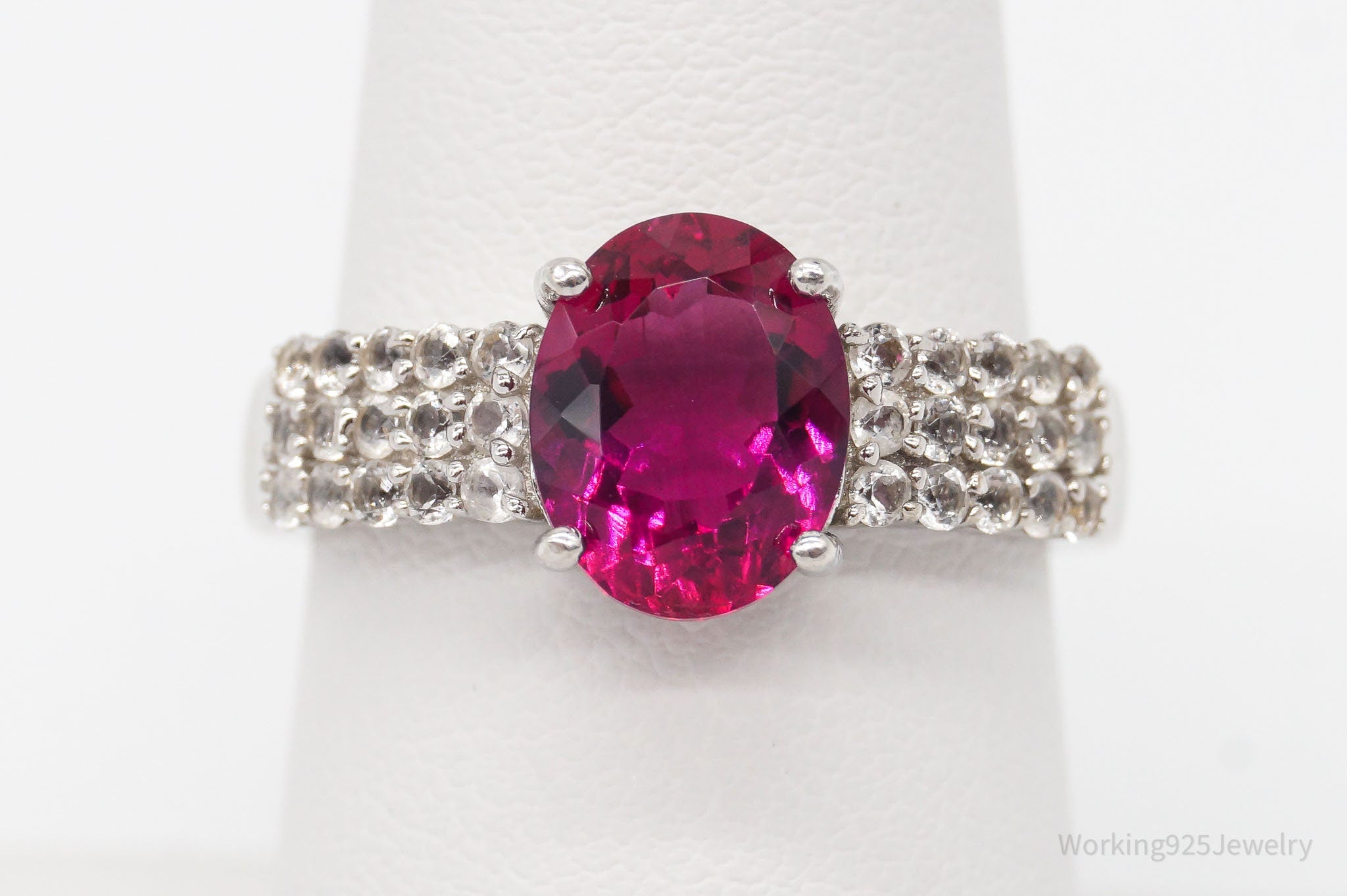 Vintage Designer Pink Tourmaline White Topaz Sterling Silver Ring - Size 7.75