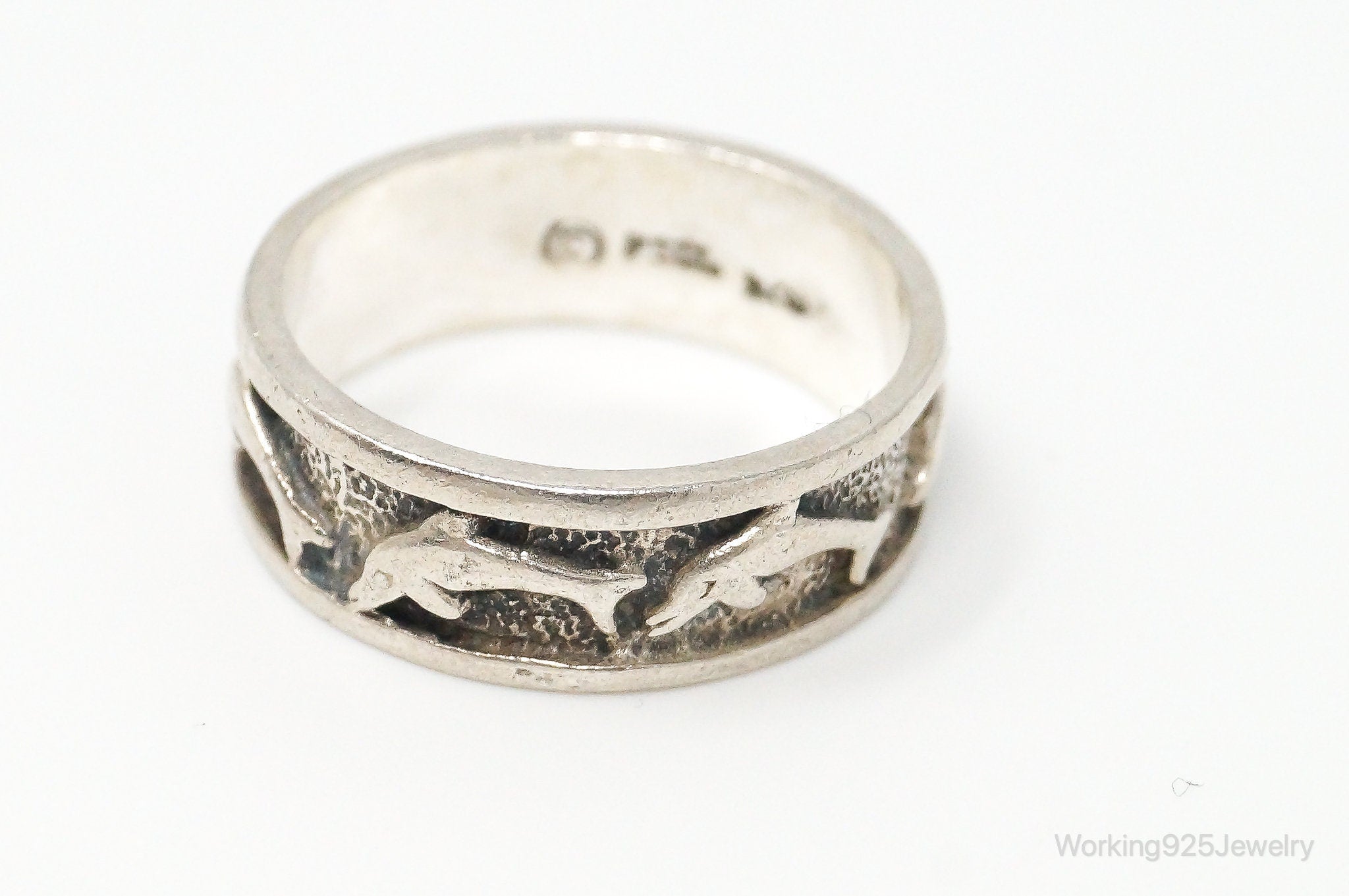 Vintage Designer PSCL Swimming Dolphins Sterling Silver Band Ring - Size 7