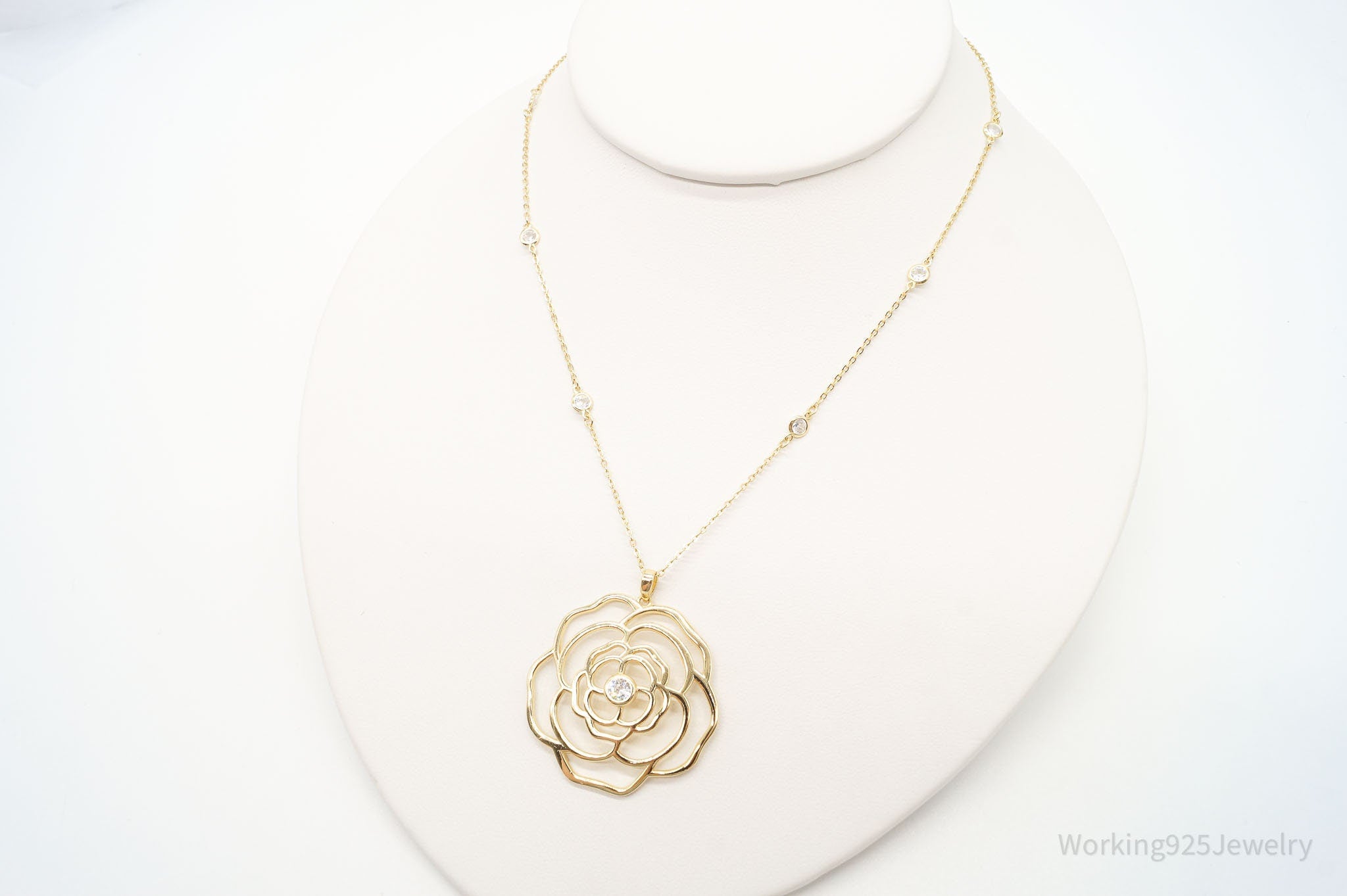 Vintage Cubic Zirconia Gold Vermeil Sterling Silver Flower Necklace 18"