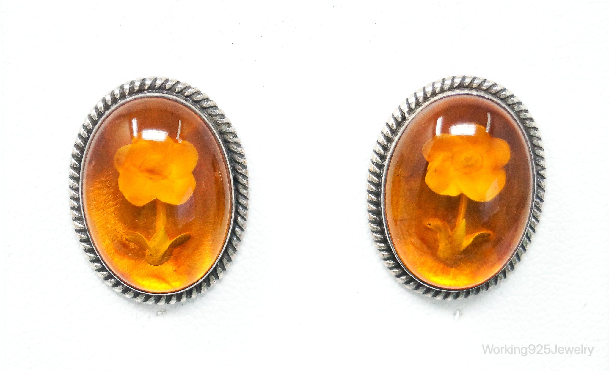 Vintage Designer Merav Flower Cameo Amber Sterling Silver Earrings