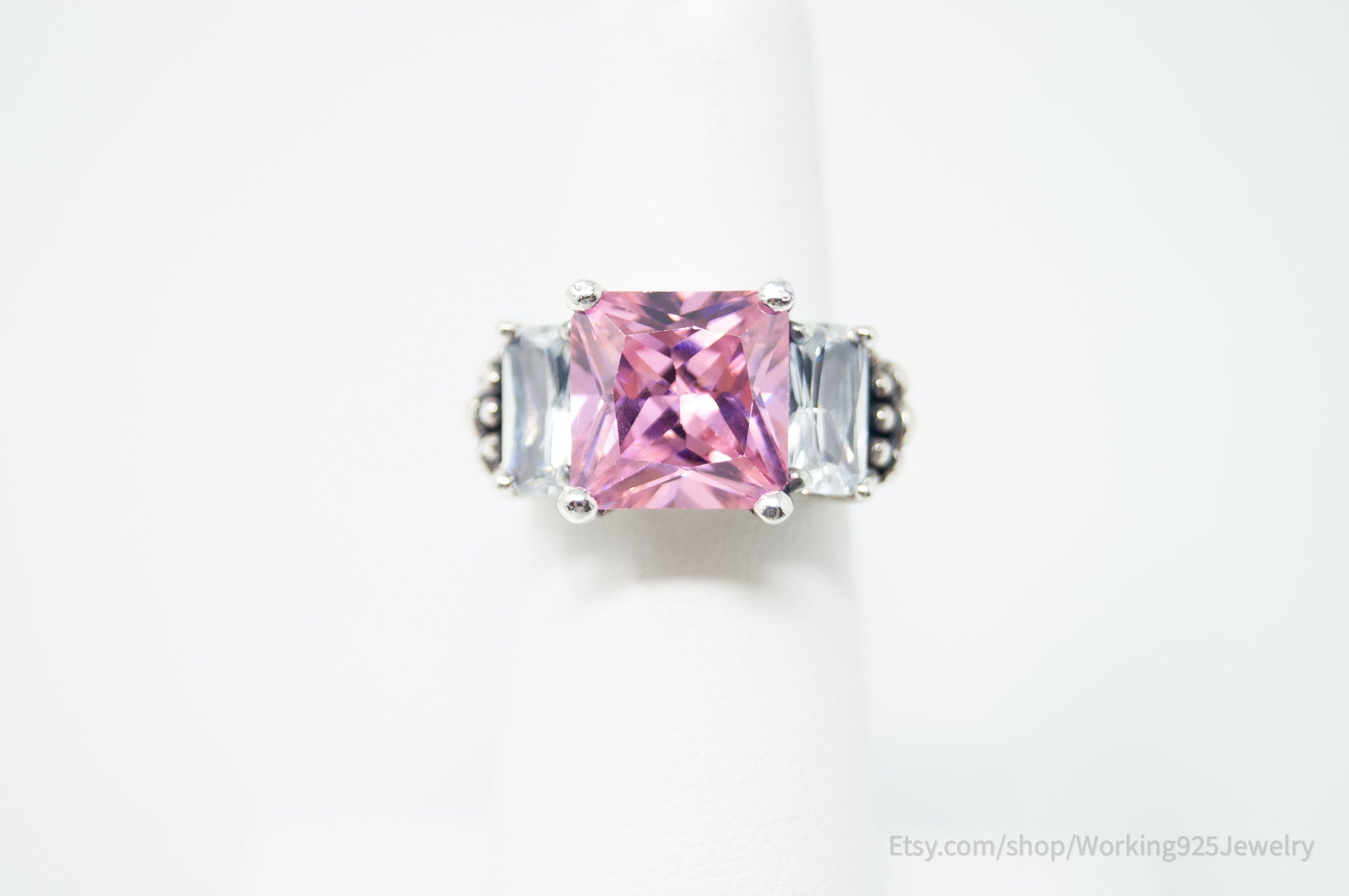 Vintage Art Deco Style Pink Topaz Cz Statement Ring Sterling Silver - Size 5