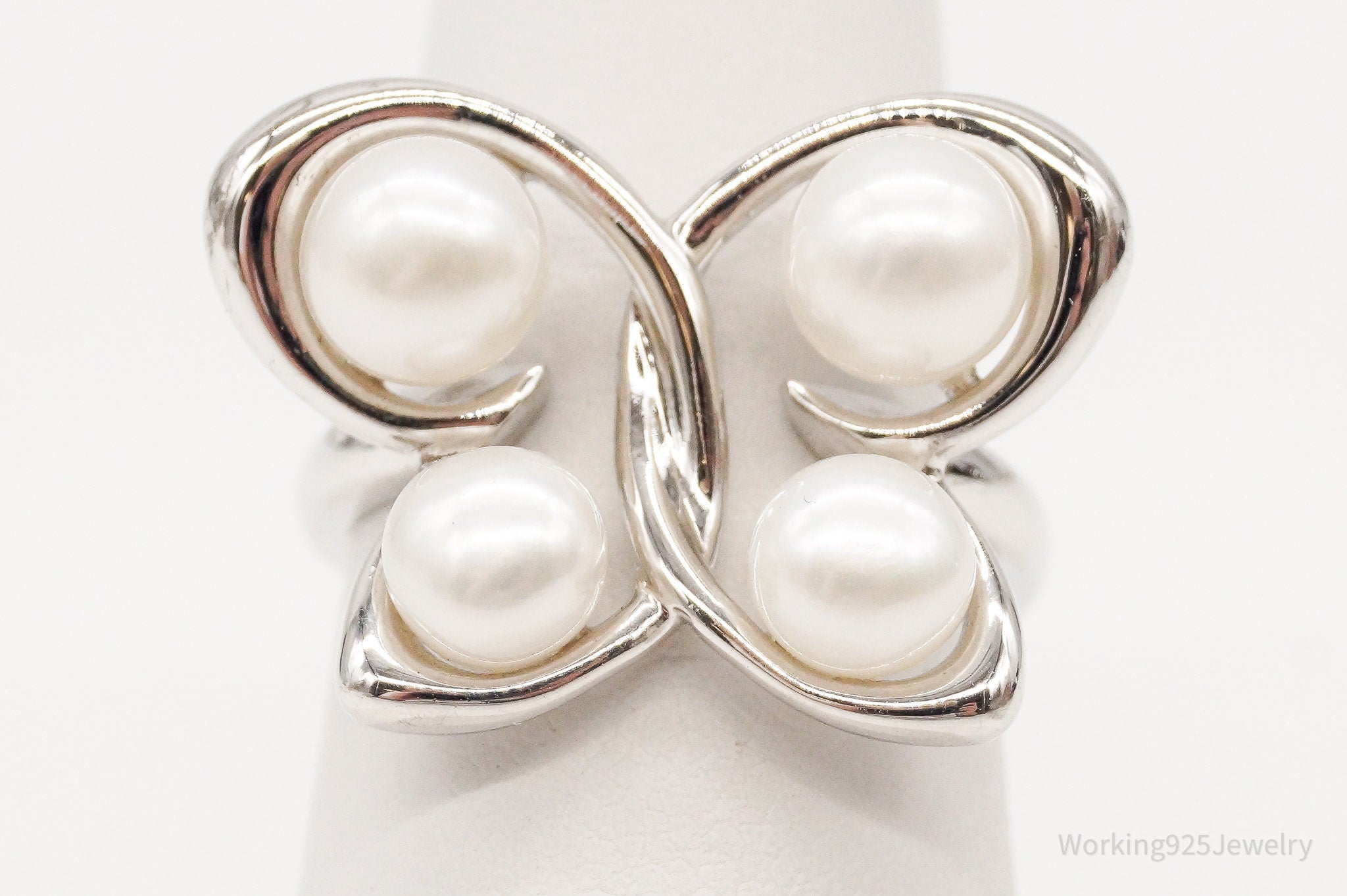 Designer Butterfly Pearls Sterling Silver Ring - Size 6