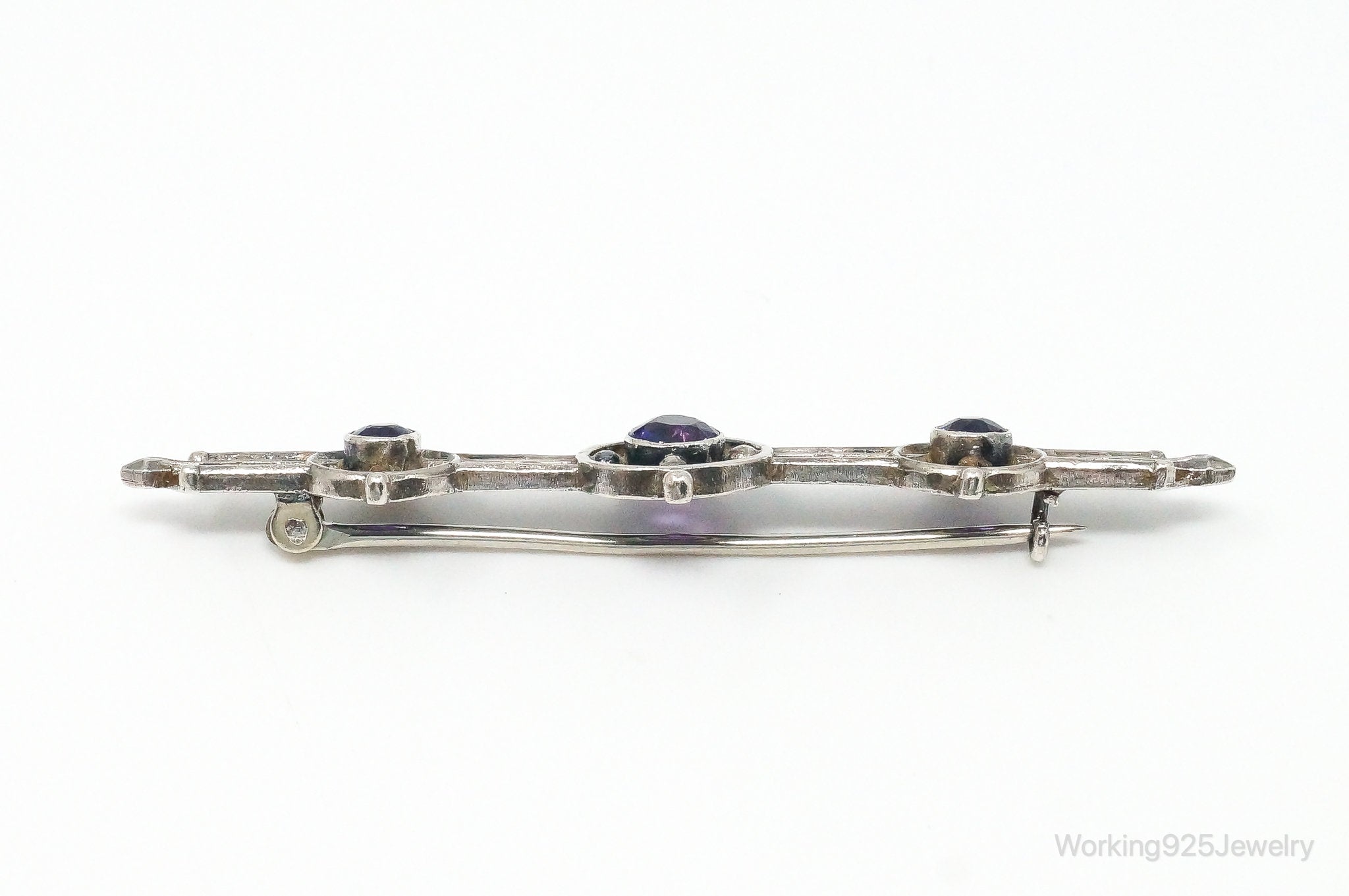 Antique Amethyst Sterling Silver Brooch Pin Bar