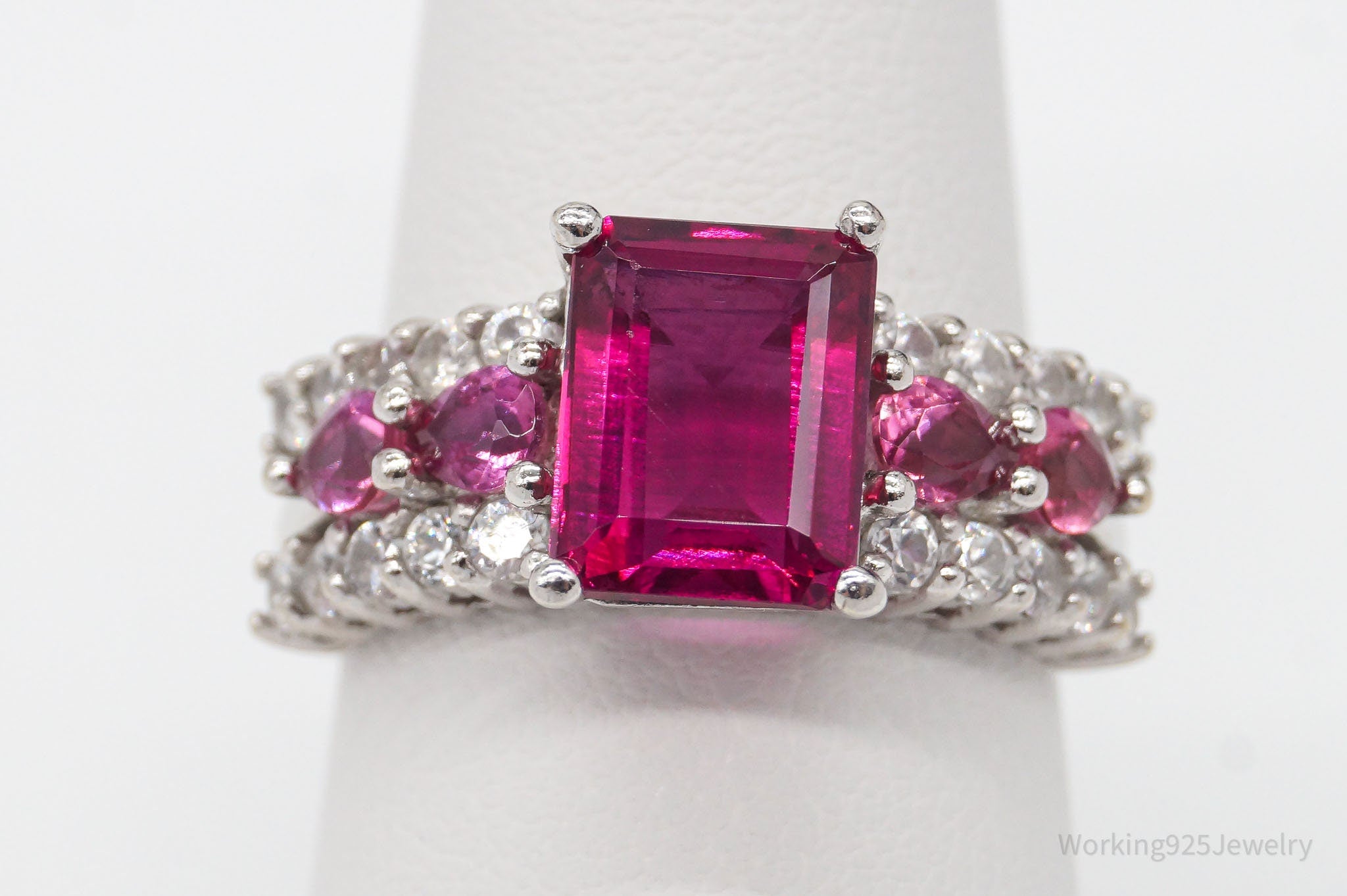 Vintage Designer Pink Tourmaline White Topaz Sterling Silver Ring Size 8