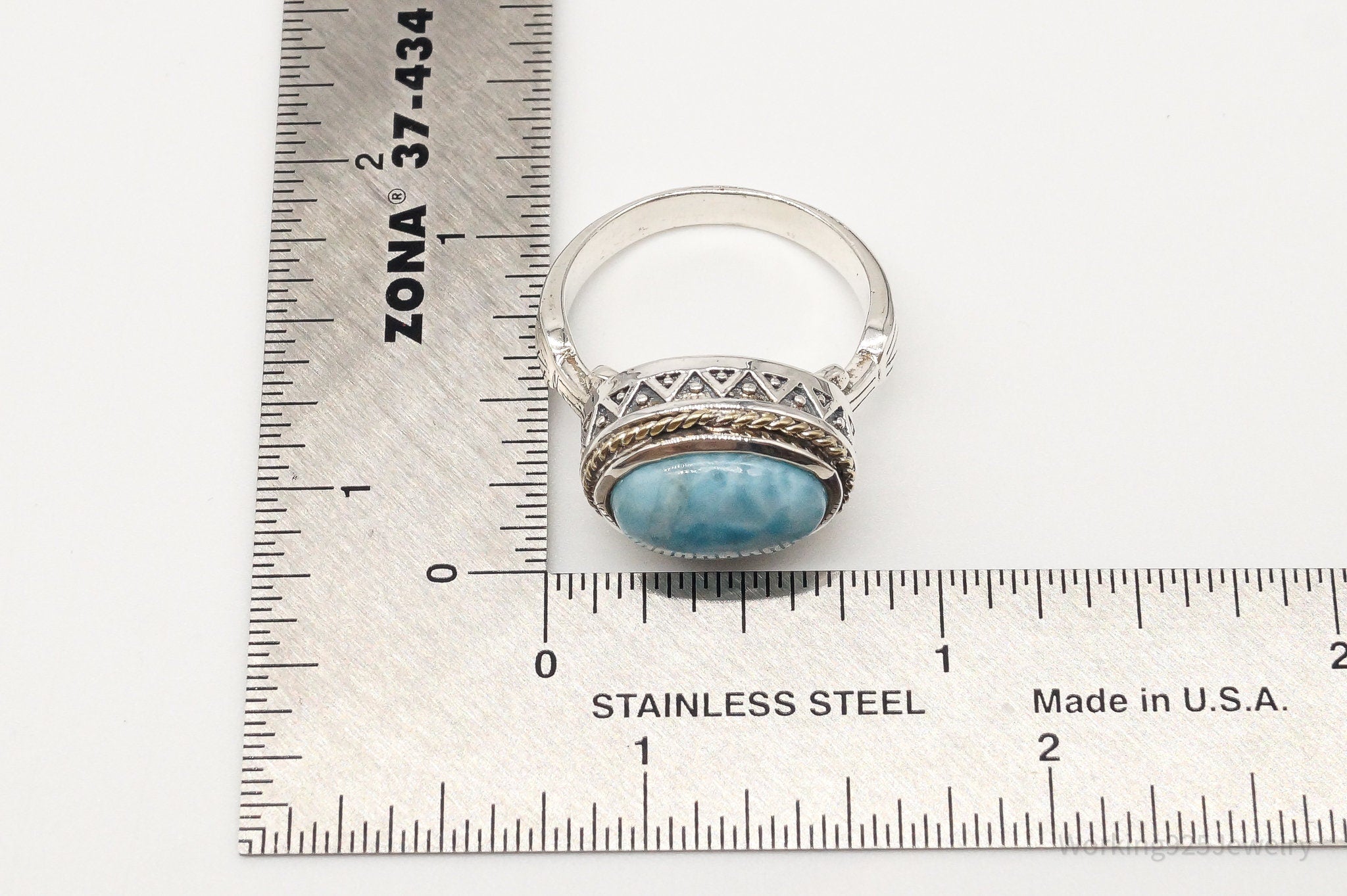 Vintage Ice Blue Larimar Brass Sterling Silver Ring - Size 10