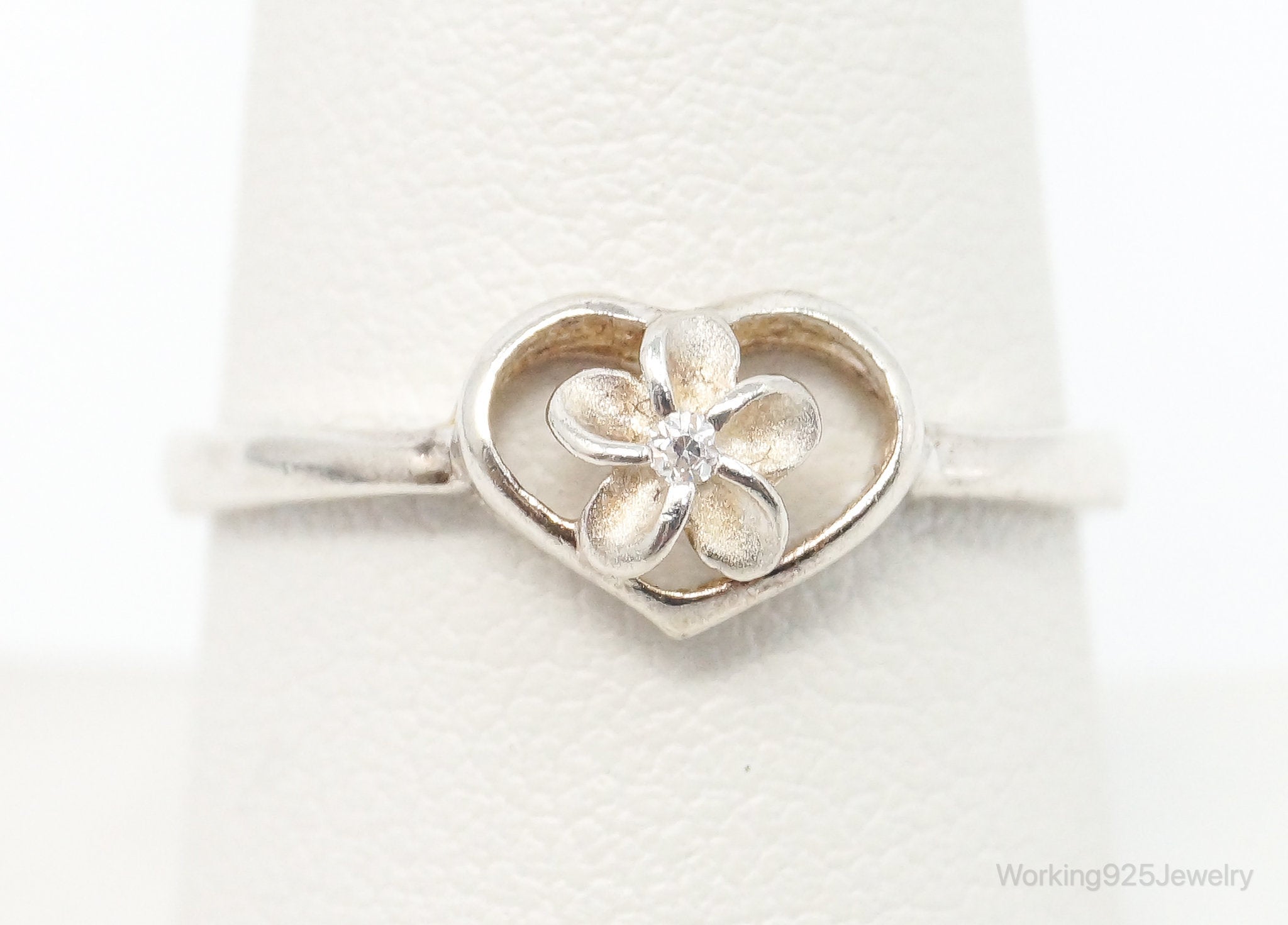 Vintage Cubic Zirconia Flower Heart Sterling Silver Ring - SZ 8.5