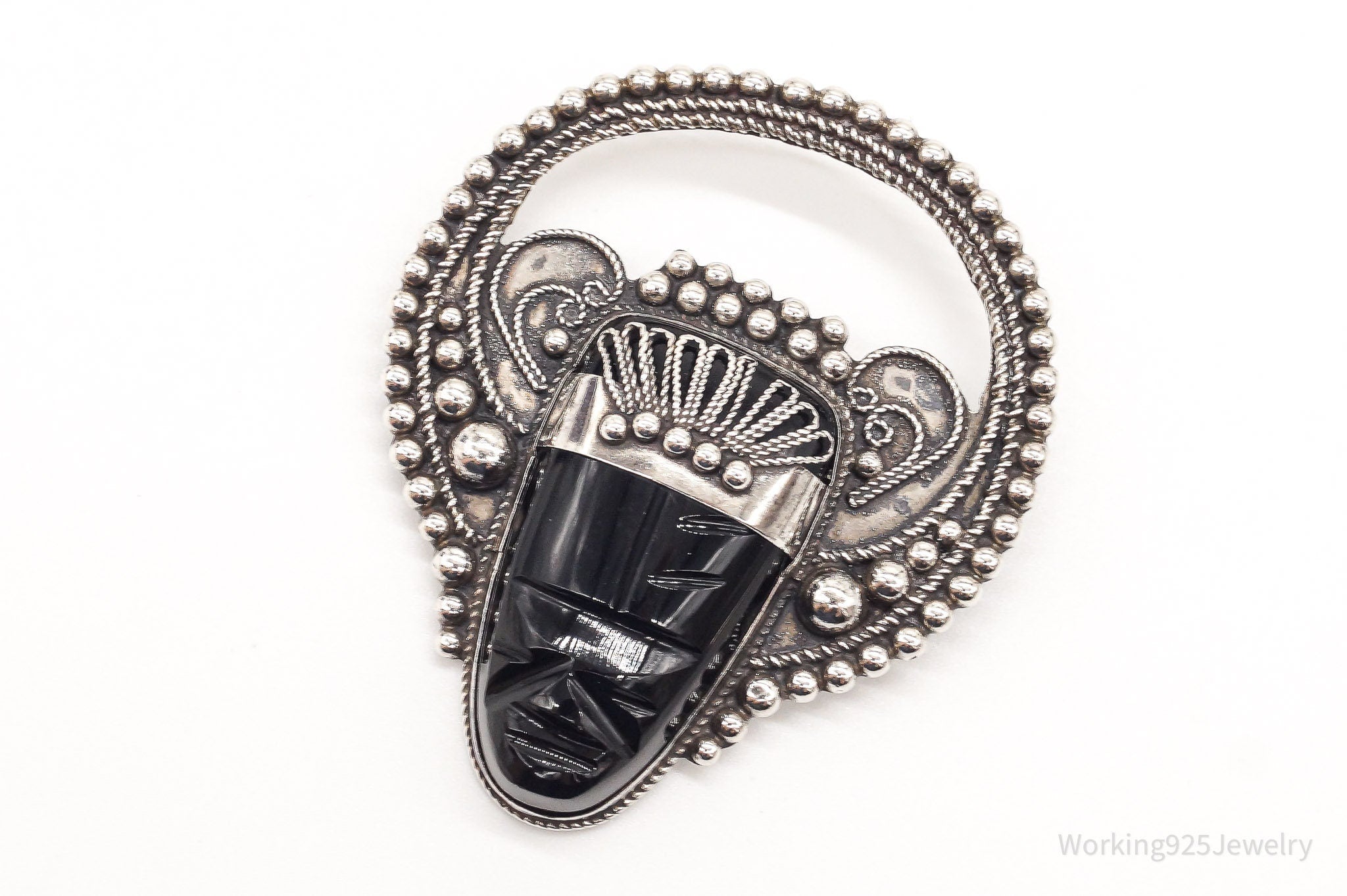 Large Vintage Mexico Carved Black Onyx Tribal Mask Sterling Silver Brooch Pin