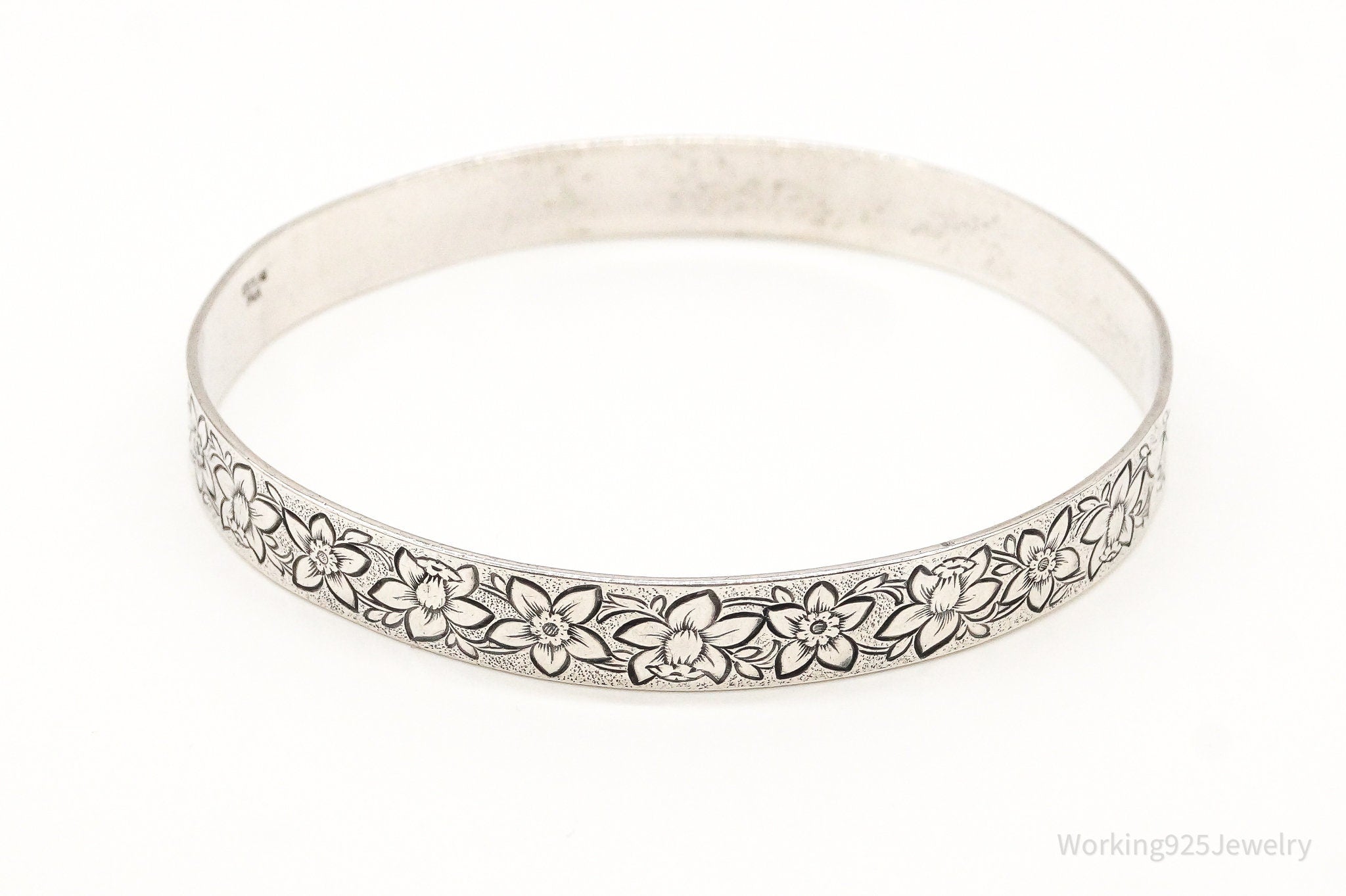 Antique Flowers Motif Sterling Silver Bangle Bracelet